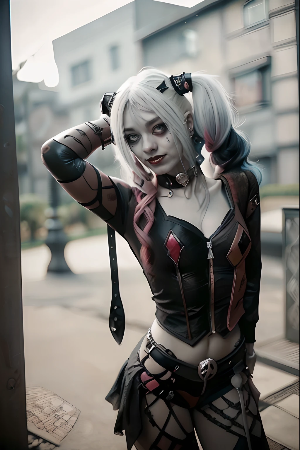 ((Harley Quinn como Garota Punk)), emo,sorriso, tatuagens, (gargalhada), Tosaka、Se mangas moicanas、A tatuagem、🎧、lo gothic_punk, 1girl em, solo, medium shot, ((durante a noite)), bokeh dof, Neon light, olhos iridescentes, starly sky, cabelos loiros com mechas rosa e azul ao estilo Harley Quinn, Sobrancelhas pretas, Cabelos radiantes, brinco, franja, joias, Bluntbangs, Backround desfocado, borrado, adornos de cabelo, pearsing, Olhe para os espectadores, retratos,、lo gothic、(masutepiece), (retrato), (aesthetic), (Beautiful), (loira superior ao estilo Harley Quinn), (alta qualidade), (aesthetic clothing), (Professional angle), (thirds rule), (Feminino), (female), (Beautiful),(feminine features), (18 anos), sozinho, 1 mulher, (Harley Quinn punk encantadora), Invernos, dramatic light, (Standing), Maquiagem preta, batom preto, sombra nos olhos preta;, (face frontal), (Challenging Expression), ((desafio)), (Jaquetas de couro e tatuagens), ((short hair)), (tingido (e.G. e rosas), (cabelos grossos), Cabelos foscos com brilho, (Faixas de cabelo espalhadas no cabelo), (Visual arrojado e arrojado), (pale skin), (Roupas escuras), (camiseta de banda), (ripped jeans), (-), Crew neckline), ((Fundo do beco urbano)), (tiro de perto), beautiful hands, normal hands, two arms, Complete hands, Corpo bonito, Dedos bonitos, dedos normais, cinco dedos, cinco dedos, (Polegar, dedo indicador, dedo anelar), Orelhas bonitas, orelhas normais, Olhos bonitos, olhos brilhantes, Boca bonita, beautiful lips,