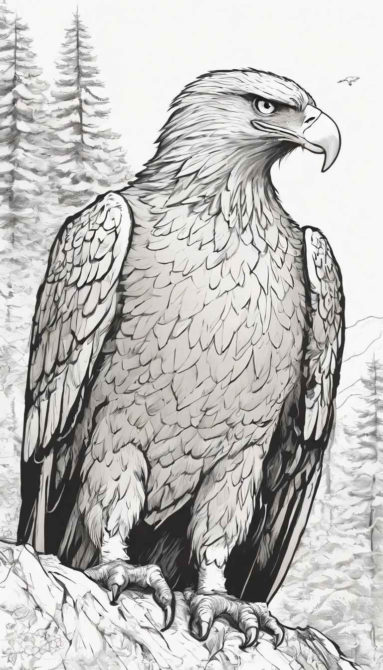 Una ilustración comercial con una buena parte en blanco y negro, En el medio solo hay un águila blanca y negra resaltada en la cima de la colina., , Full-sized neck for its species and very hairy, Destacando en lo alto de la colina por su belleza.. Se encuentra solo en una ciudad donde sólo él existe.. The eagle has a very fixed gaze. Está ubicado cerca del centro de la ciudad en la que las casas son de color marrón claro sin mucha importancia, estilo muy rústico. La cima de la colina se representa de una manera natural, con un bosque justo debajo. The image should have a natural style with fine strokes and neutral colors, Un toque de manga. The eagle should be depicted in detail, Con su expresión demostrando fuerza y determinación en su vida.. A imagem deve ser em preto e branco com alta qualidade, con un estilo de dibujo de caricatura a lápiz y tinta, com cores neutras e leves. Asegúrate de que el águila esté en la cima de una colina con aspectos extremadamente realistas., pero no artificial, simbolizing happiness and hope in the face of life's challenges.", 16k