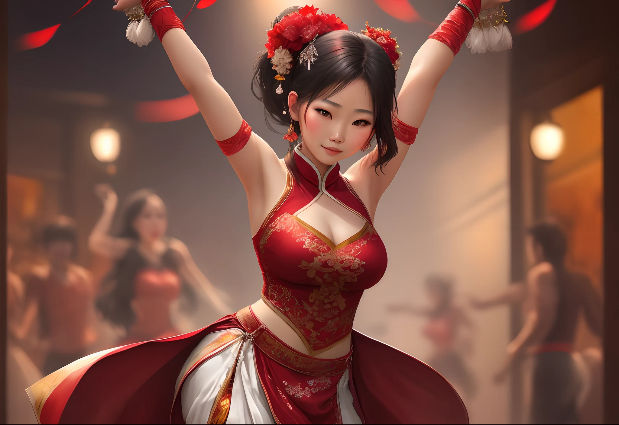 Female, Asian, dancer, red, digital art