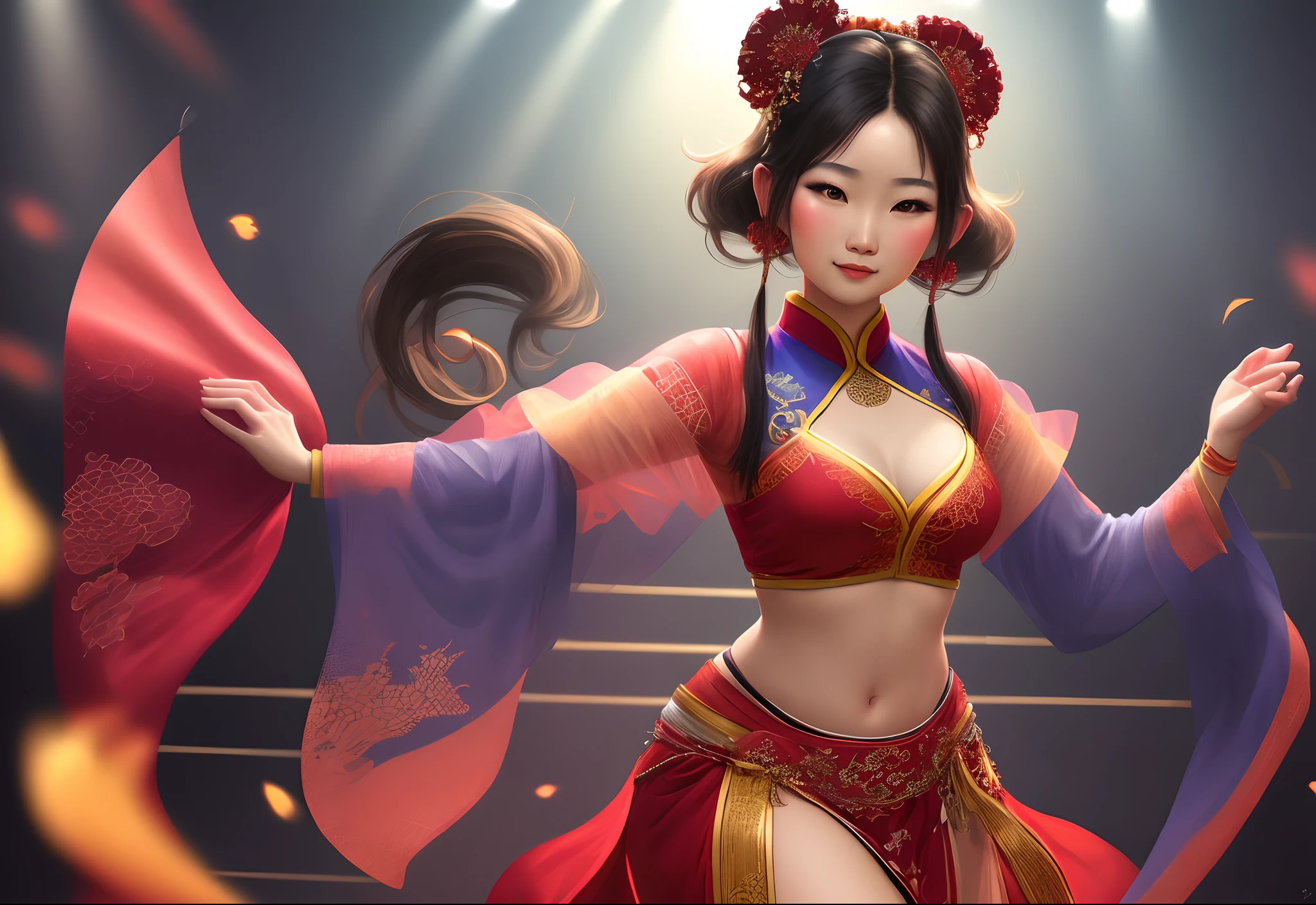 Female, Asian, dancer, red, digital art