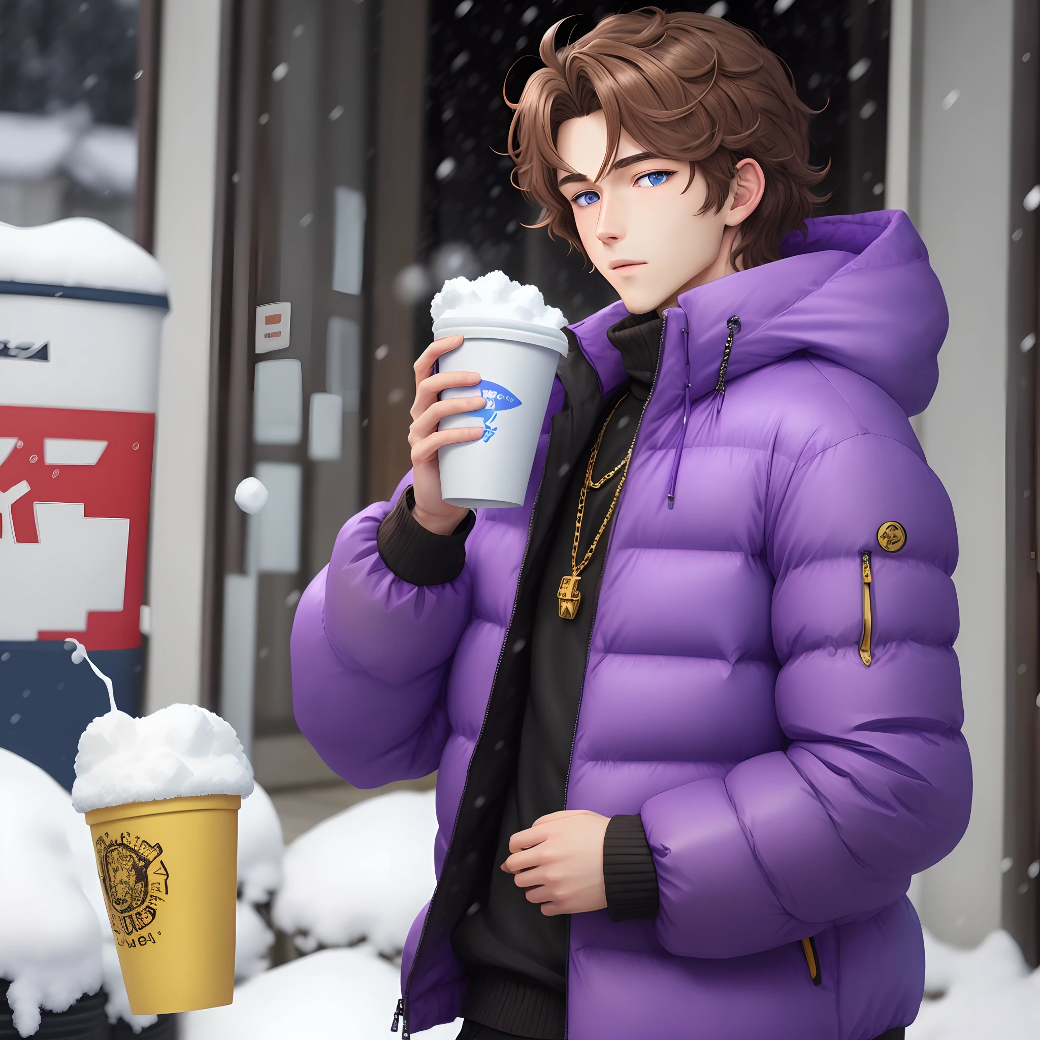anime style guy. sidepart brown hair. wavy texture. blue eyes. wearing a purple puffer jacket while holding styrofoam cup with a purple liquid in it. he’s wearing a gold chain, it’s snowing outside