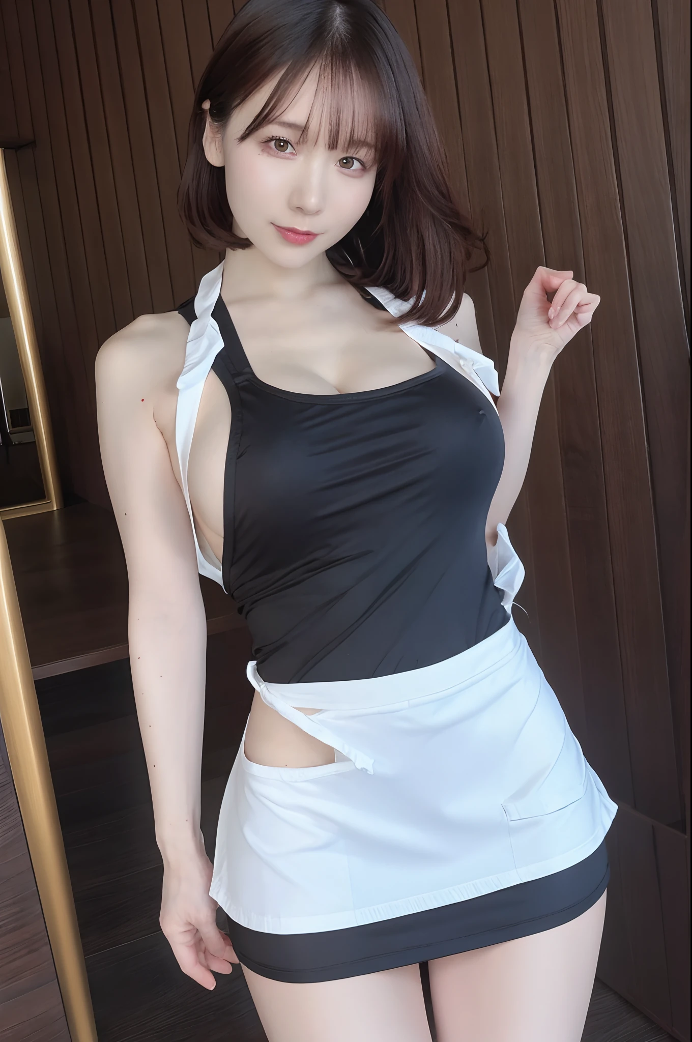 50-year-old woman, beautiful expression, A detailed eye, 二重まぶた, Detailed lips, lightsmile, (((Huge breasts))), (((White breastplate apron))), Short brunette hair, thighs thighs thighs thighs, Standing, (Photorealsitic:1.4), (Top image quality:1.0), (超A high resolution:1.0), 8K, Raw photography, (masterpiece), Background with; ((kitchin))
