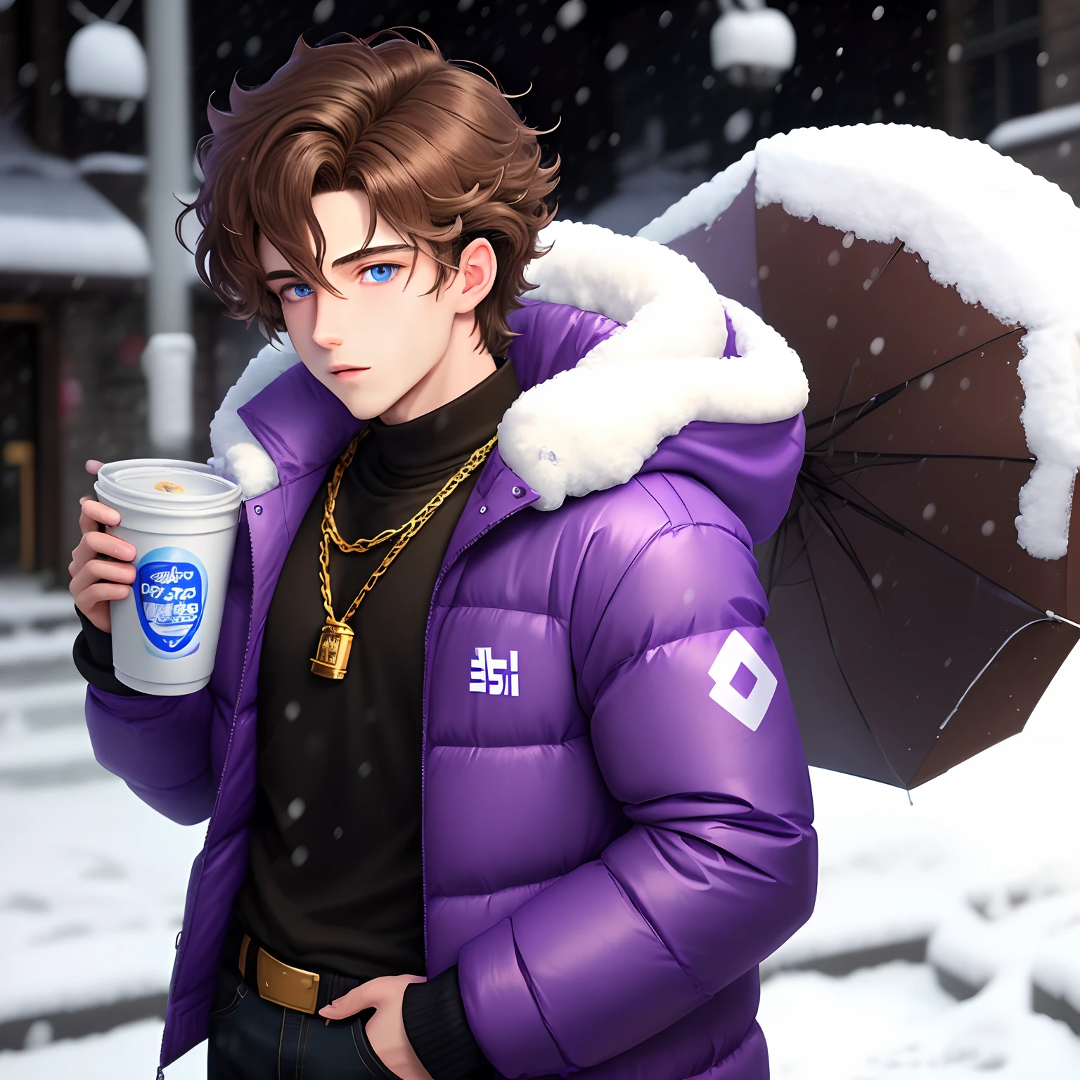 anime style guy. sidepart brown hair. wavy texture. blue eyes. wearing a purple puffer jacket while holding styrofoam cup that says “LEAN”with a purple liquid in it. he’s wearing a gold chain, it’s snowing outside