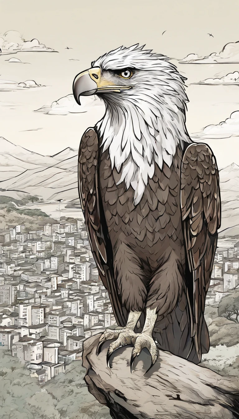 A commercial illustration with a good part in black, branco e verde-claro, In the middle of it there is only a black and white eagle highlighted at the top of the hill, bico pequeno, Full-sized neck for its species and very hairy, standing out at the top of the hill due to its beauty. He finds himself alone in a city where only he exists. The eagle has a very fixed gaze. It is located close to the city center in which the houses are light brown in color without much prominence, estilo bem rustico. The top of the hill is portrayed in a natural way, com uma floresta bem abaixo. The image should have a natural style with fine strokes and neutral colors, A touch of manga. The eagle should be depicted in detail, with his expression demonstrating strength and determination in his life. A imagem deve ser em preto e branco com alta qualidade, with a pencil and ink caricature drawing style, com cores neutras e leves. Make sure the eagle is on a hilltop with extremely realistic aspects, but not artificial, symbolizing happiness and hope in the face of life's challenges.", 16k