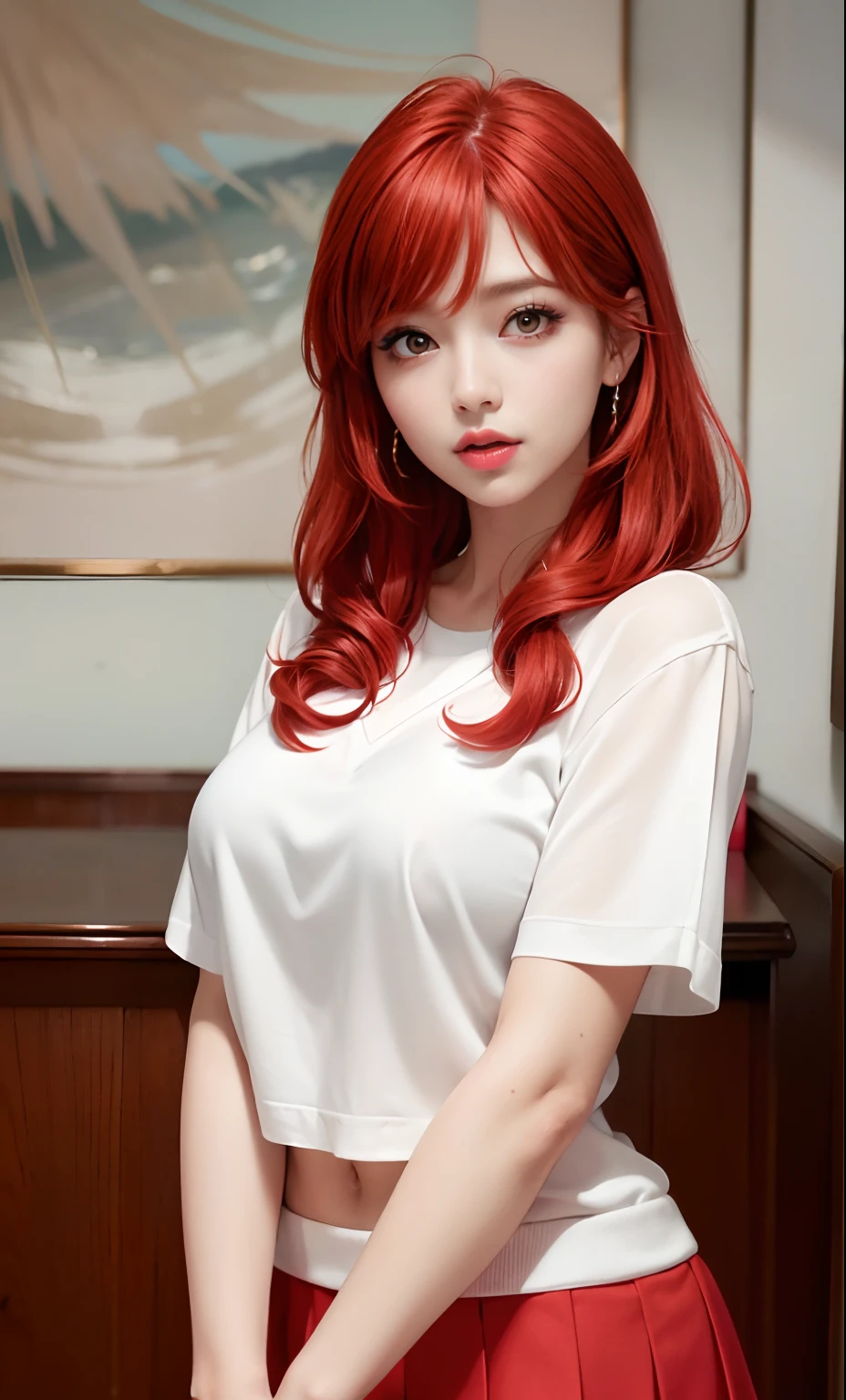 (8k, RAW photo, photorealistic: 1.25), (lip gloss, eyelashes, bright face, glowing skin, red hair, best quality, ultra high resolution, depth of field, chromatic aberration, caustic, wide lighting, natural shading, Kpop idol) looking at the viewer with a serene and divine bliss, college room, sailor's uniform, miniskirt