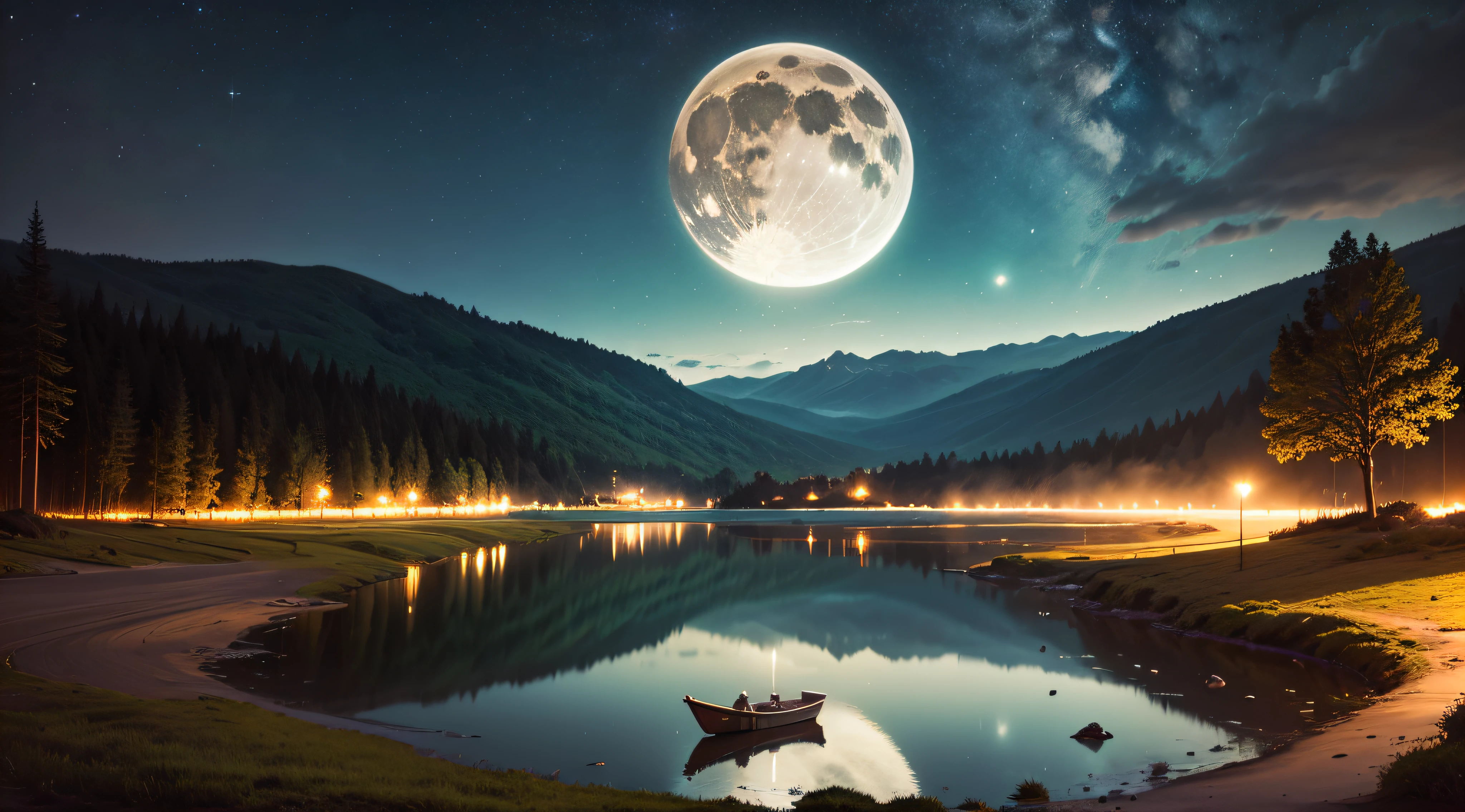 Noite muito estrelada. Uma lua  atras das montanhas. Um lago tranquilo refletindo a noite. Cena realista, detalhada, fotorealismo, 8k - --auto