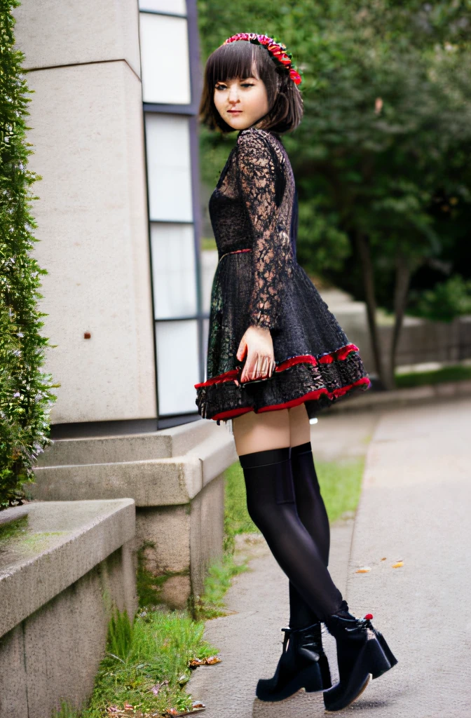 raw photo, a standing teenage Japanese actress (hairstyle: wavy bob) in a beautiful coquettish black lace spider costume (with some red accents) and boots.