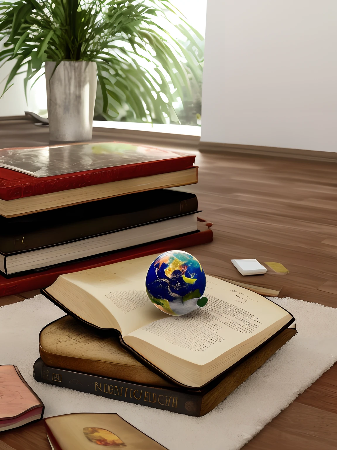 Big realistic planet and several books around thrown on the ground, e pessoa