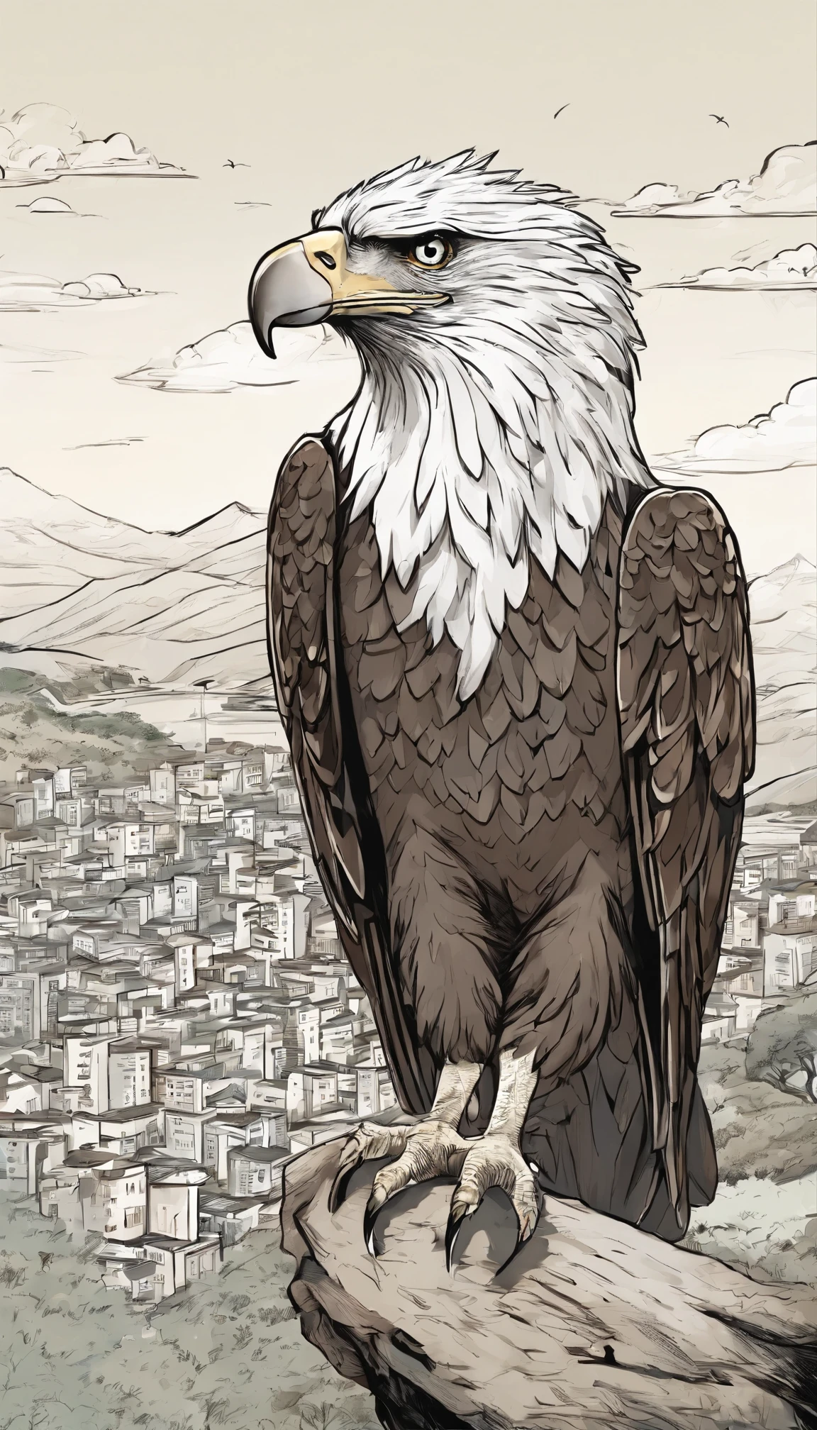 A commercial illustration with a good part in black, branco e verde-claro, In the middle of it there is only a black and white eagle highlighted at the top of the hill, bico pequeno, Full-sized neck for its species and very hairy, standing out at the top of the hill due to its beauty. He finds himself alone in a city where only he exists. The eagle has a very fixed gaze. It is located close to the city center in which the houses are light brown in color without much prominence, estilo bem rustico. The top of the hill is portrayed in a natural way, com uma floresta bem abaixo. The image should have a natural style with fine strokes and neutral colors, A touch of manga. The eagle should be depicted in detail, with his expression demonstrating strength and determination in his life. A imagem deve ser em preto e branco com alta qualidade, with a pencil and ink caricature drawing style, com cores neutras e leves. Make sure the eagle is on a hilltop with extremely realistic aspects, but not artificial, symbolizing happiness and hope in the face of life's challenges.", 16k