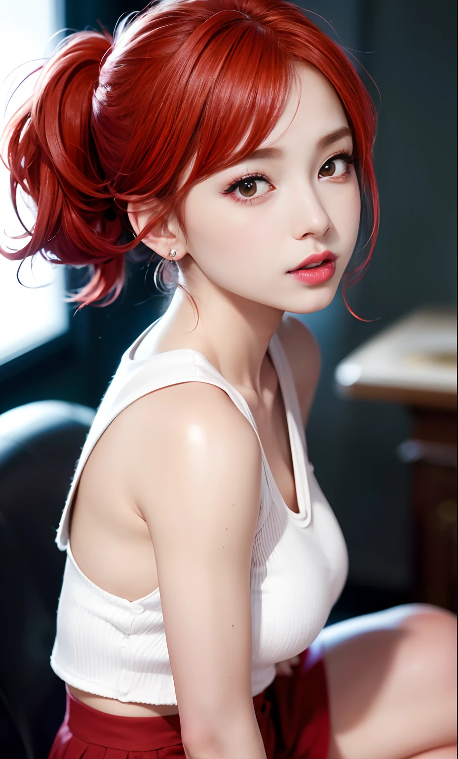 (8k, RAW photo, photorealistic: 1.25), (lip gloss, eyelashes, bright face, glowing skin, red hair, best quality, ultra high resolution, depth of field, chromatic aberration, caustic, wide lighting, natural shading, Kpop idol) looking at the viewer with a serene and divine bliss, college room, sailor's uniform, miniskirt