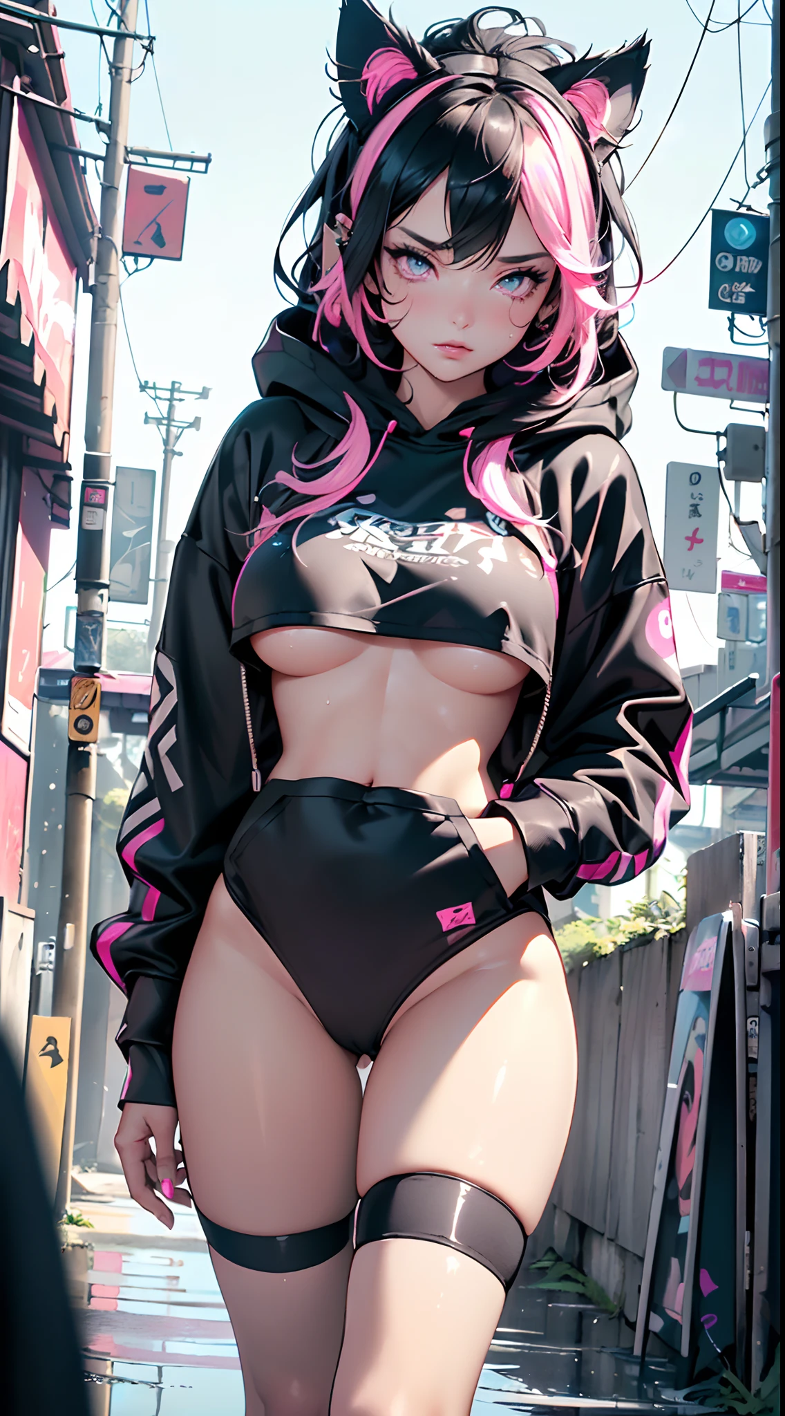 girl spacepunk,(((1girl))),((beautiful girl with cute cat ears)),

(:1.4),saggy breasts,((black hair,black messy hair,colored inner hair,long hair:1.5,absurdly long unkempt hair:1.35,long black hair,ear breathing,intricate cut hair)),((((cat ears,cat ears on head,big cat ears)))),(((neon_pink_eyes:1.3))),intricate eyes,beautiful detailed eyes,symmetrical eyes,((fat)),(((lustrous skin:1.5,bright skin: 1.5,skin tanned,shiny skin,very shiny skin,shiny body,plastic glitter skin,exaggerated shiny skin,illuminated skin,wet legs))),(spider lower abdomen,narrow waist,wide hip,athletic body,inflated legs,detailed body,(detailed face)),

cute,slutty,seductive,erotic,(((nsfw))),

(graffiti art in clothes),zettai ryouiki,revealing clothing,show skin,((((underboob)))),((cleavage)),(semi-naked,with little clothing,((tiny , armor  intricate)),large sport socks,visible  straps,no bra),((((crop top hoodie,cropped hoodie,hoodie,hoodie intricate)))),(((wet clothes,intricate outfit,intricate clothes))),

(dynamic pose:1.0),solo focus,embarrassed,(centered,scale to fit dimensions,Rule of thirds),

cyberpunk city by the ocean at night, with bright neon signs and dark stormy clouds and puddles, scenery:1.25,nighttime, starry night, cosmos,

artistic photography,(photography taken by sldr),highres, sharp focus, (ultra detailed, extremely detailed), (photorealistic artwork:1.37),(extremely detailed CG unity 8k wallpaper),((synthwave background theme)),(((vibrant colors))),(intricate background),(masterpiece),(best quality),