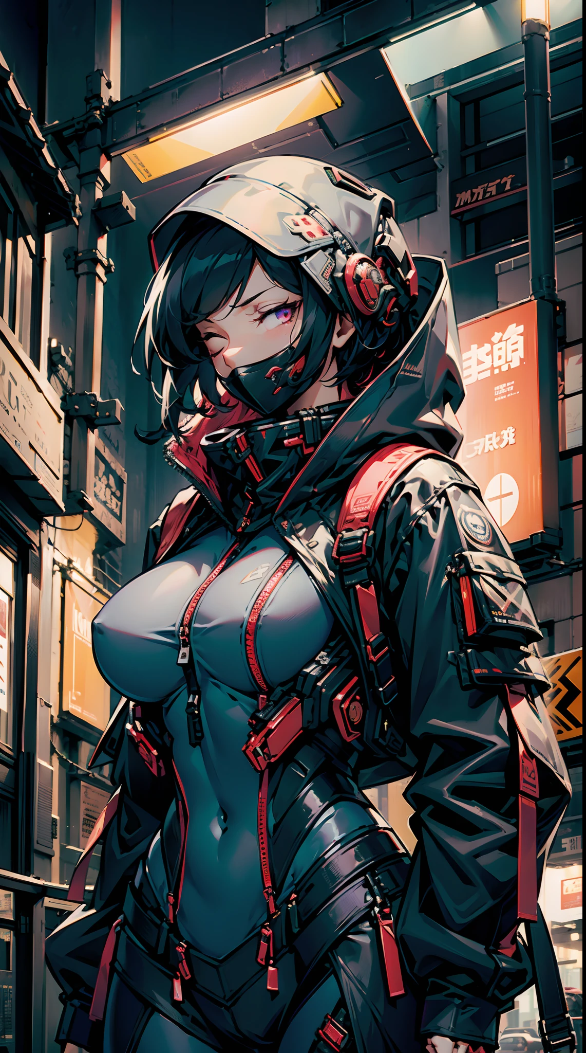 (Best Quality, ultra-detailed, master piece, in 8K, Back alleys, Night in the Big City, point of view,),lady wearing a mask in short zip hoodie over thin fabric bodysuit, ( Shotgun in hand, sky-blue medium hair, purplish red eyes, enormous breasts, It feels so good, she's in love with, glad, eyes closed),