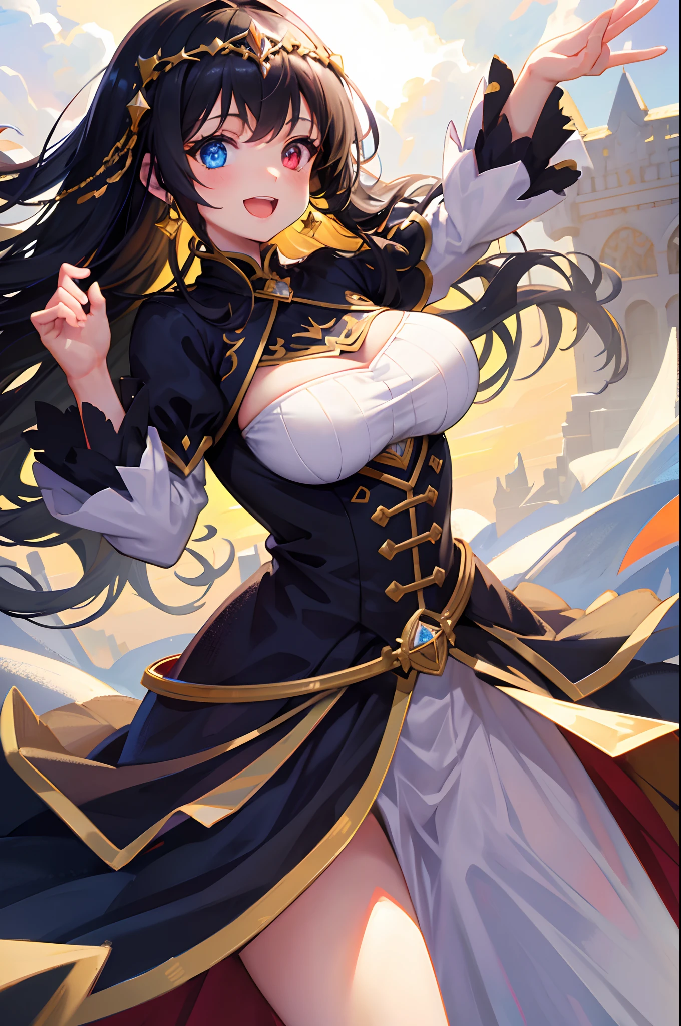 girl,Colossal tits,Smile with open mouth,A dark-haired,Princess Costume,Heterochromia,Top image quality,Best Quality