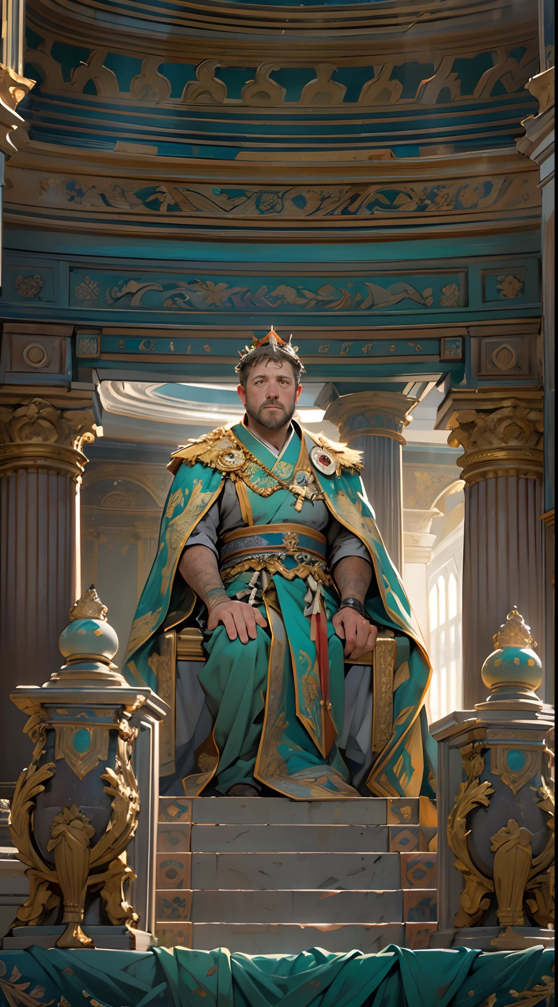 Coronation as king, Russell Crowe(Russell Ella Crowe)played by General Maximus(cinematic ligh:gladiator),Coronation as king,Short dark brown hair,Small waves,Crown on head,Wearing the emperor's robes with delicate muscle definitions, Realistic depiction, 4K quality. (Background with: The main hall of the royal palace),vague background,32k ULTRAHD, Best quality, Masterpiece, Super detail, High details,Correct anatomy,Ultra photo realsisim, fearsome, Dark fantasy, epic realistic, Faded, ((com cores neutras)), (hdr:1.5), (pastel colour:1.2), ultra - detailed, (Art Station:1.5), Cinematic, warm lights, Light effect, Dramaticlight, (Intricate details:1.1), the complex background, (greg rutkovsky:0.8), (Teal and orange:0.4),
