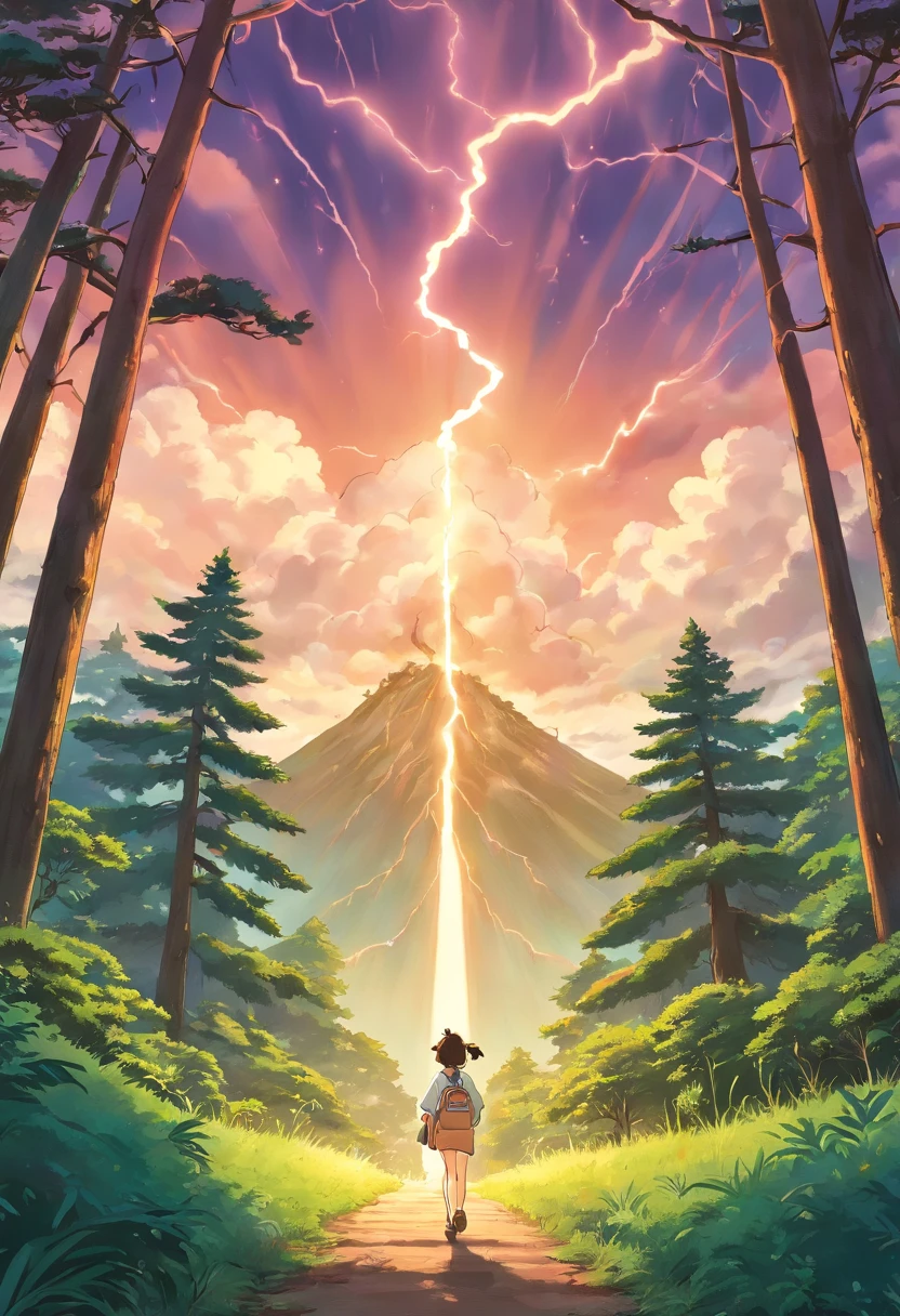 design de adesivos, estrada em dia nublado, with araucaria trees on the sides, Lightning Bolt Descending From the Sky, lua de fundo,
