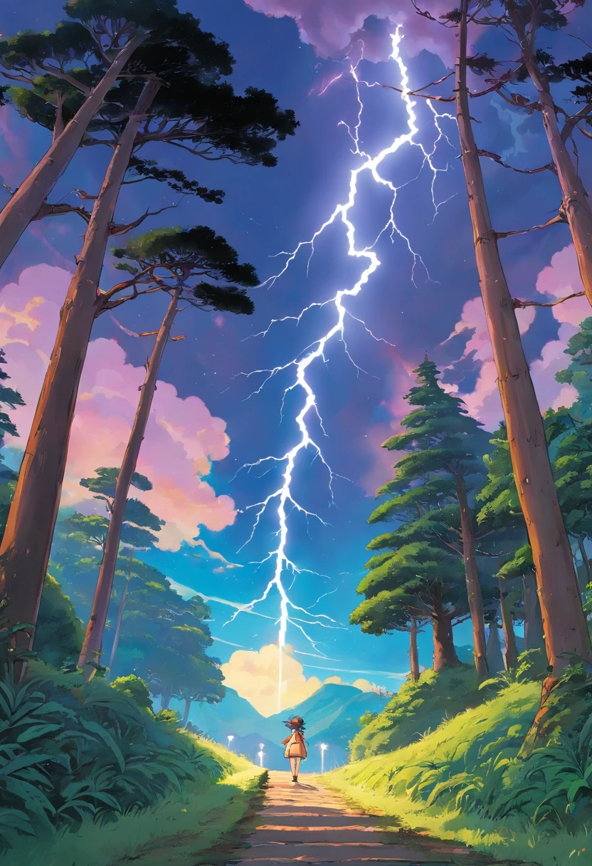design de adesivos, estrada em dia nublado, with araucaria trees on the sides, Lightning Bolt Descending From the Sky, lua de fundo,