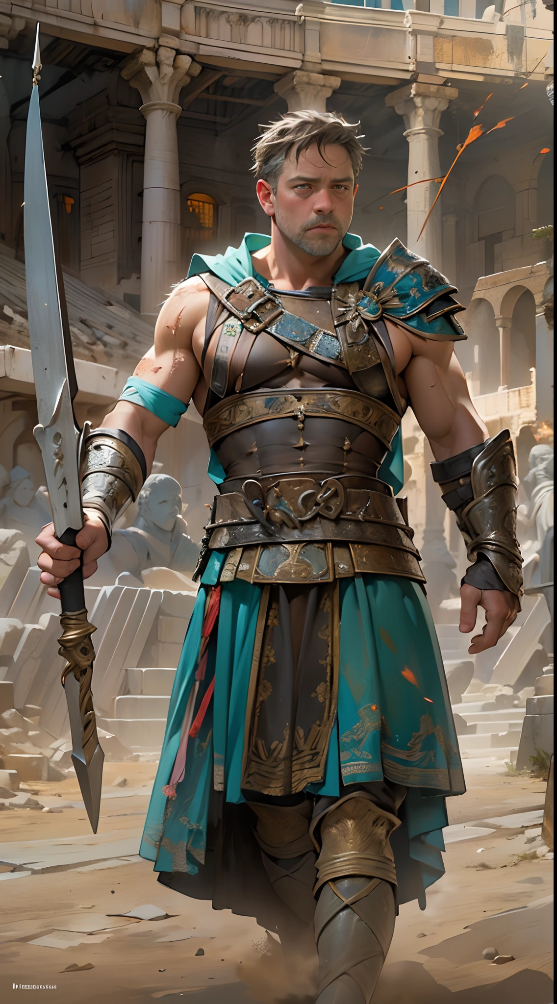 Colosseum, Russell Crowe(Russell Ella Crowe)Played by Maximus(gladiator),Short dark brown hair,Small waves,Fight the lions,wounded,dynamicposes,Meticulous muscle definition, Realistic depiction, 4K quality. Background: Ancient Roman Colosseum,32k ULTRAHD, Best quality, Masterpiece, Super detail, High details,Correct anatomy,Ultra photo realsisim, fearsome, Dark fantasy, epic realistic, Faded, ((com cores neutras)), (hdr:1.5), (pastel colour:1.2), ultra - detailed, (Art Station:1.5), Cinematic, warm lights, Light effect, Dramaticlight, (Intricate details:1.1), the complex background, (greg rutkovsky:0.8), (Teal and orange:0.4),
