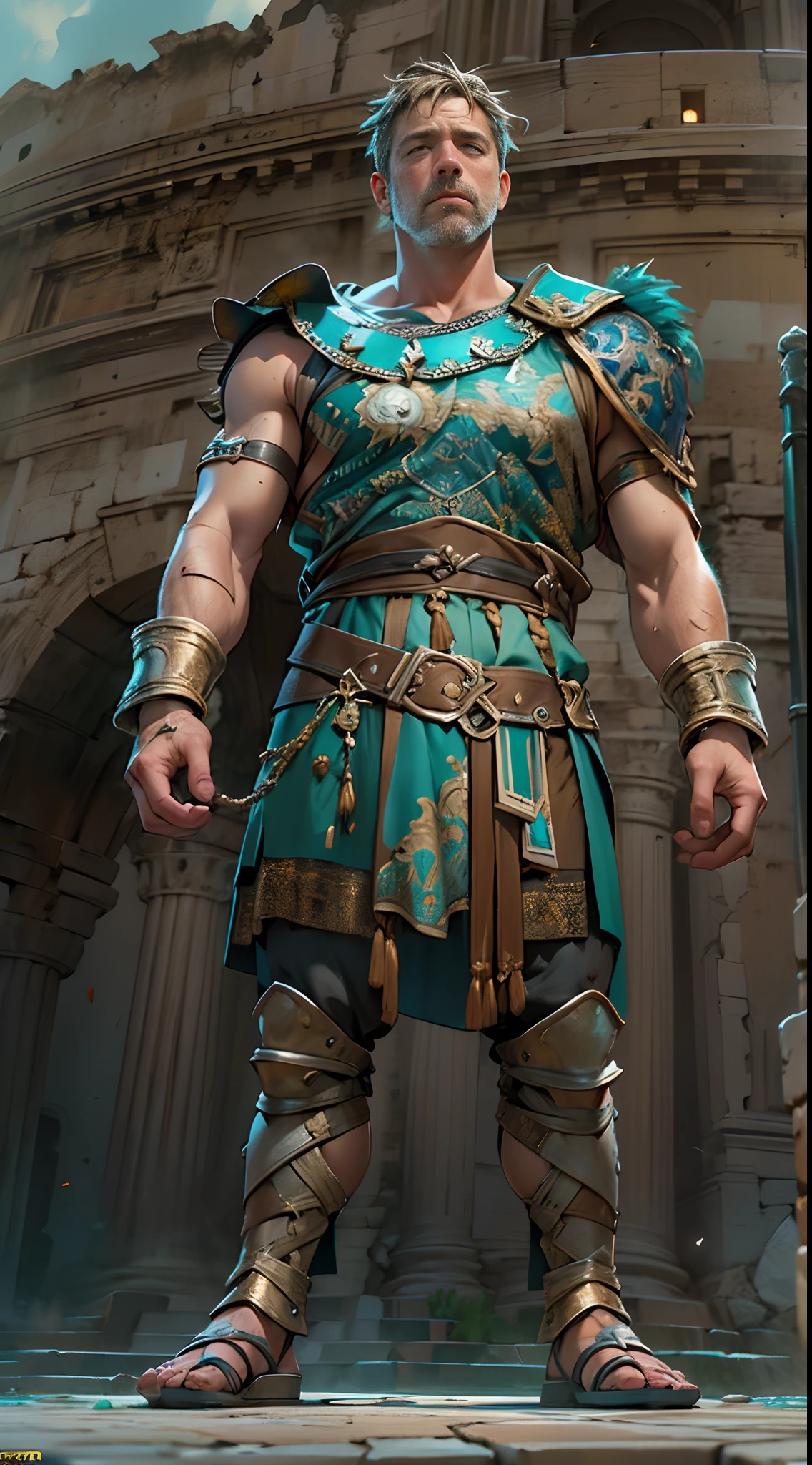 Colosseum, Russell Crowe(Russell Ella Crowe)Played by Maximus(gladiator),Short dark brown hair,Small waves,Fight the lions,wounded,dynamicposes,Meticulous muscle definition, Realistic depiction, 4K quality. Background: Ancient Roman Colosseum,32k ULTRAHD, Best quality, Masterpiece, Super detail, High details,Correct anatomy,Ultra photo realsisim, fearsome, Dark fantasy, epic realistic, Faded, ((com cores neutras)), (hdr:1.5), (pastel colour:1.2), ultra - detailed, (Art Station:1.5), Cinematic, warm lights, Light effect, Dramaticlight, (Intricate details:1.1), the complex background, (greg rutkovsky:0.8), (Teal and orange:0.4),