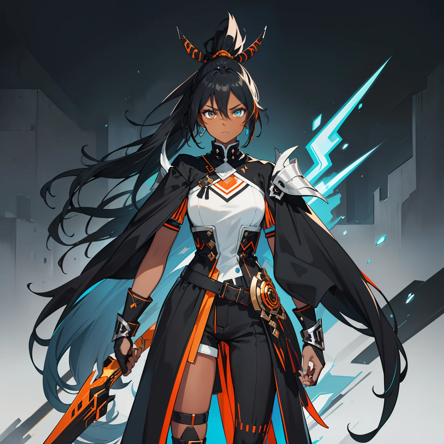 1girl , (((Dark Skin)))), Black Hair with Ponytail, Light Blue Eyes, ((Black Metallic Gauntlets and Greaves with Orange and Silver Highlights)), (((The Clothes Have a Mix of Modern and Tribal))), (((The Clothes Have a Mix of Modern and Tribal))), having mostly the color black, but having parts in orange, shoulders exposed, at the hip a shorts that extend to half of the thigh of black color. ((Black Overcoat with a orange inner part)) absurd res, best res, high res, best face, best eyes