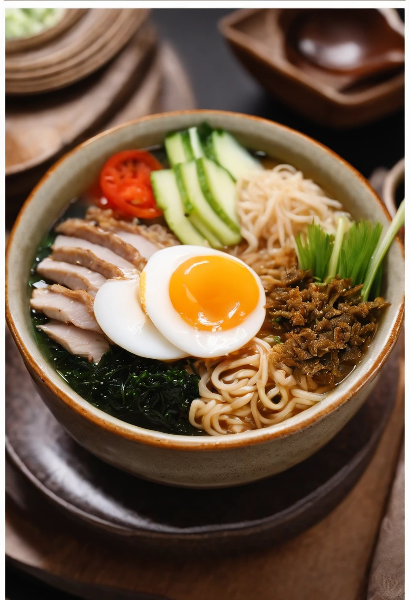 This picture shows a super realistic, HD, bowl of steaming hot ramen noodles, with a variety of toppings including sliced pork, boiled egg, green onions, and a sheet of nori (dried seaweed). The broth looks rich and flavorful, likely made from a combination of chicken, pork, and dashi (fish and seaweed stock). Ramen is a popular and beloved dish in Japan, and can be found at many restaurants and street food stalls.