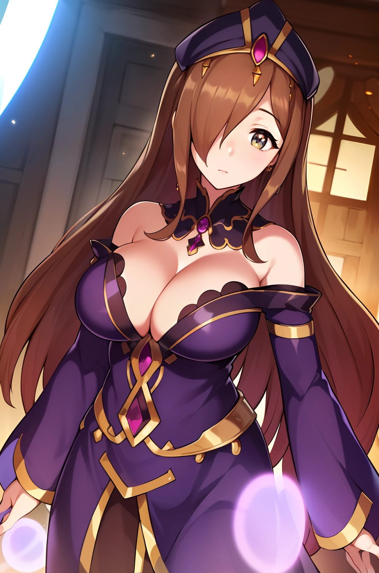 Heloween, ababoras, ghosts,
Standing at attention,
Purple_long_sleeves_robe,(Purple_Skirt),
jewelry,earrings,gloves,
(brown_long_hair),brown_eyes,hair_over_one_eye,
1 girl, 20yo,mature female,Beautiful Finger,Beautiful long legs,Beautiful body,Beautiful Nose,Beautiful character design, perfect eyes, perfect face,
looking at viewer, (big_eyes:1.0),(expressionless:1.3),
NSFW,official art,extremely detailed CG unity 8k wallpaper, perfect lighting,Colorful, Bright_Front_face_Lighting,
(masterpiece:1.0),(best_quality:1.0), ultra high res,4K,ultra-detailed,
photography, 8K, HDR, highres, absurdres:1.2, Kodak portra 400, film grain, blurry background, bokeh:1.2, lens flare, (vibrant_color:1.2)
(Beautiful,large_Breasts:1.4), (beautiful_face:1.5),(narrow_waist),