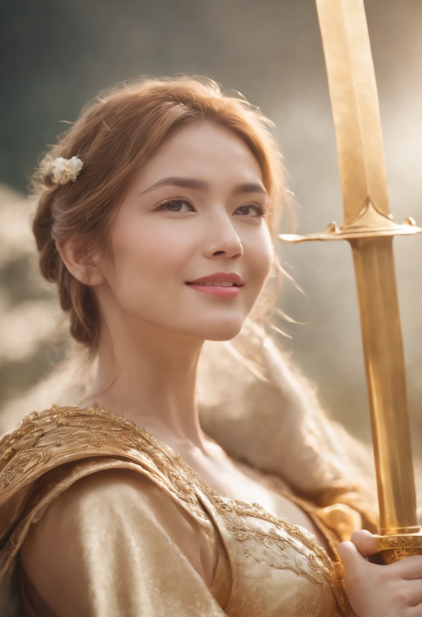 top-quality、Beautiful Woman Holds gleaming Golden Sword To The Sky, Smiling, Pleasure