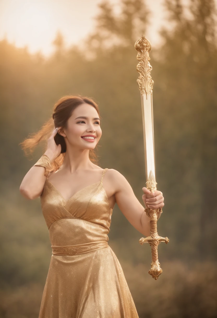 top-quality、Beautiful Woman Holds gleaming Golden Sword To The Sky, Smiling, Pleasure