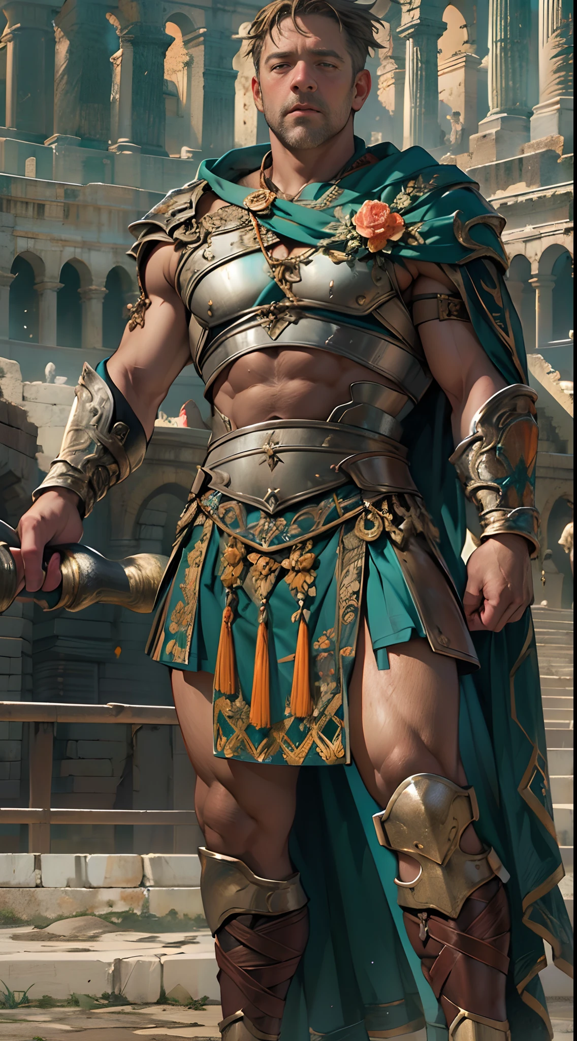Victorious gladiators, Powerful gladiator, Russell Crowe(Russell Ella Crowe)Played by Maximus(gladiator),Short dark brown hair,Small waves,Upper torso exposed, Remove the leg from thigh to toe, Detailed muscle physique, Lifelike depiction, 4K 分辨率. Background: The Colosseum was packed with cheering crowds.,32k ULTRAHD, Best quality, Masterpiece, Super detail, High details,Correct anatomy,Ultra photo realsisim, fearsome, Dark fantasy, epic realistic, Faded, ((com cores neutras)), (hdr:1.5), (pastel colour:1.2), ultra - detailed, (Art Station:1.5), Cinematic, warm lights, Light effect, Dramaticlight, (Intricate details:1.1), the complex background, (greg rutkovsky:0.8), (Teal and orange:0.4),