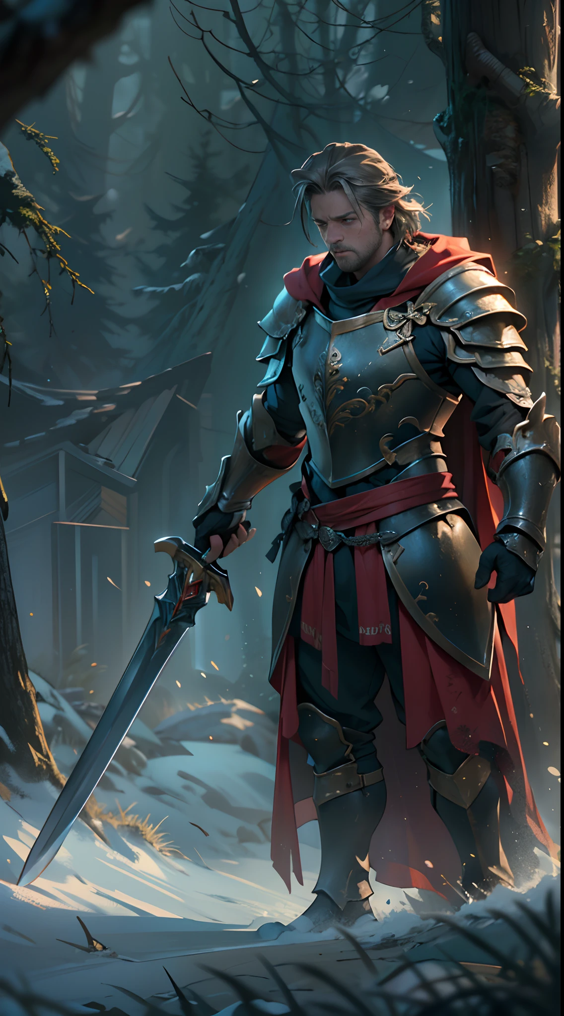 Guild wars,top-quality、softlighting、(depth of fields)、超A high resolution、(Photorealsitic:1.4)、RAW photography、(porate:1.4),On the battlefield,Russell Crowe(Russell Ella Crowe)played by General Maximus(cinematic ligh:gladiator),(Hairstyles:Short dark brown hair,Small waves),(Wearing:Silver armor,red capelet,(rendering by octane, illusory engine, Highly detailed, iintricate,)), Fight on the battlefield,Scenes of fighting enemies,(Angry,Brave,intense battles,),8K, High definition, Detailed face, Detailed eyes,Hyper-realistic, + cinema shot + Dynamic composition, Incredibly detailed, Sharpen, Details + Superb details + perfectionism + award winning realism ((Moody lighting)),Vintage style,Correct anatomy,(Scenes:Winter cold forest,battlefiled,Flying flames,),((Masterpiece,Best quality)), ((Cinematic light)), Ultra photo realsisim, fearsome, Dark fantasy, epic realistic, Faded, ((com cores neutras)), (hdr:1.5), (pastel colour:1.2), ultra - detailed, (Art Station:1.5), Cinematic, Light effect, Dramaticlight, (Intricate details:1.1), the complex background, (greg rutkovsky:0.8), (Teal and orange:0.4),Knights、Full body armor、big sword、a shield、Red cape、 Fierce, epic, Cinematic composition,