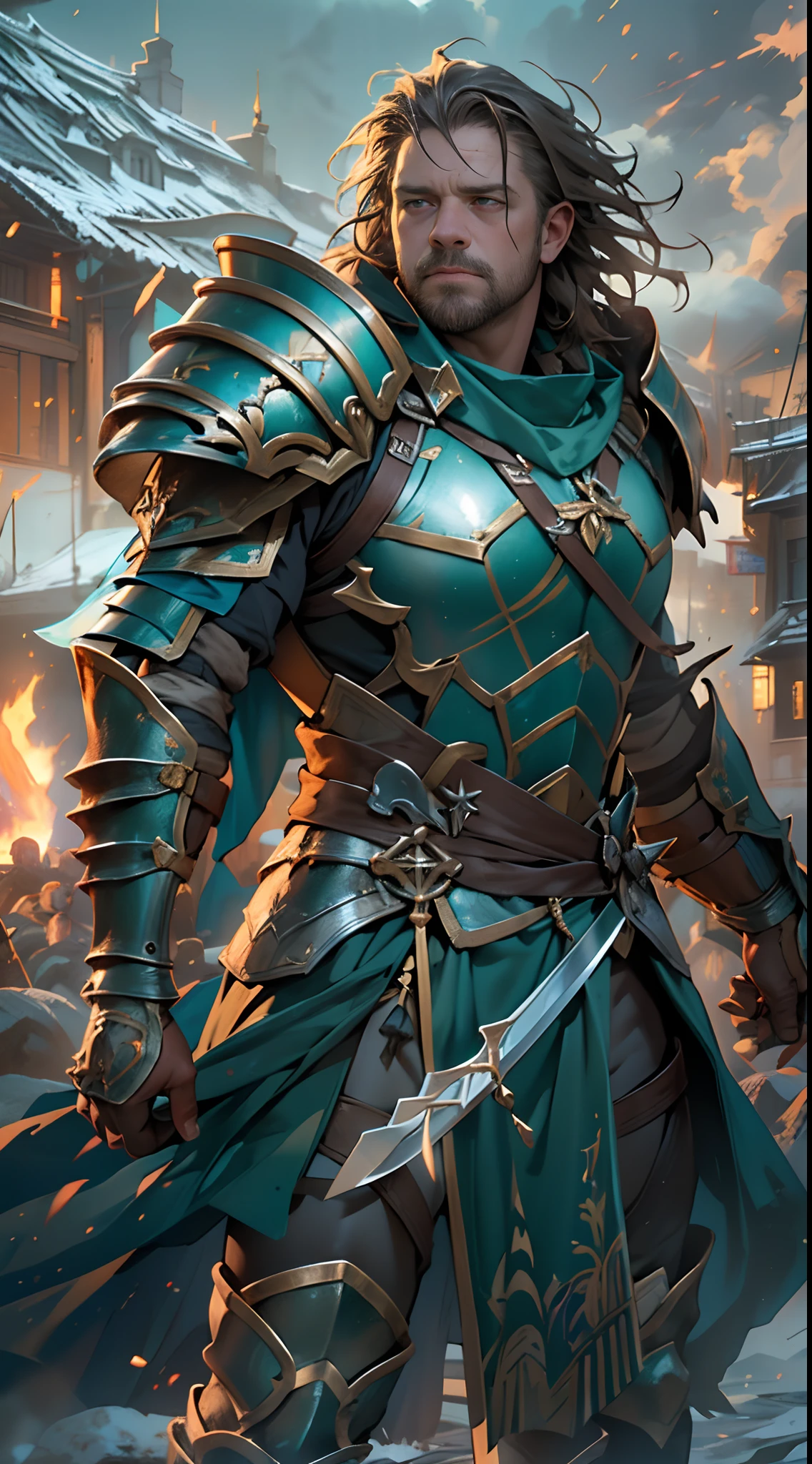 Guild wars,top-quality、softlighting、(depth of fields)、超A high resolution、(Photorealsitic:1.4)、RAW photography、(porate:1.4),On the battlefield,Russell Crowe(Russell Ella Crowe)played by General Maximus(cinematic ligh:gladiator),(Hairstyles:Short dark brown hair,Small waves),(Wearing:Silver armor,red capelet,(rendering by octane, illusory engine, Highly detailed, iintricate,)), Fight on the battlefield,Scenes of fighting enemies,(Angry,Brave,intense battles,),8K, High definition, Detailed face, Detailed eyes,Hyper-realistic, + cinema shot + Dynamic composition, Incredibly detailed, Sharpen, Details + Superb details + perfectionism + award winning realism ((Moody lighting)),Vintage style,Correct anatomy,(Scenes:Winter cold forest,battlefiled,Flying flames,),((Masterpiece,Best quality)), ((Cinematic light)), Ultra photo realsisim, fearsome, Dark fantasy, epic realistic, Faded, ((com cores neutras)), (hdr:1.5), (pastel colour:1.2), ultra - detailed, (Art Station:1.5), Cinematic, Light effect, Dramaticlight, (Intricate details:1.1), the complex background, (greg rutkovsky:0.8), (Teal and orange:0.4),Knights、Full body armor、big sword、a shield、Red cape、 Fierce, epic, Cinematic composition,