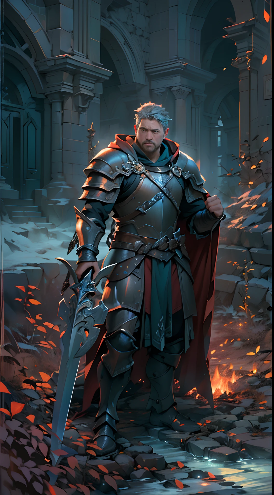 Guild wars，top-quality、softlighting、(depth of fields)、超A high resolution、(Photorealsitic:1.4)、RAW photography、(porate:1.4)，On the battlefield，Russell Crowe（Russell Ella Crowe）played by General Maximus（cinematic ligh：gladiator），（Hairstyles：Short dark brown hair，Small waves），（Wearing：Silver armor，red capelet，（rendering by octane, illusory engine, Highly detailed, iintricate，））, Fight on the battlefield，Scenes of fighting enemies，（Angry，Brave，intense battles，），8K, High definition, Detailed face, Detailed eyes，Hyper-realistic, + cinema shot + Dynamic composition, Incredibly detailed, Sharpen, Details + Superb details + perfectionism + award winning realism ((Moody lighting))，Vintage style，Correct anatomy，（Scenes：Winter cold forest，battlefiled，Flying flames，），((Masterpiece,Best quality)), ((Cinematic light)), Ultra photo realsisim, fearsome, Dark fantasy, epic realistic, Faded, ((com cores neutras)), (hdr:1.5), (pastel colour:1.2), ultra - detailed, (Art Station:1.5), Cinematic,  Light effect, Dramaticlight, (Intricate details:1.1), the complex background, (greg rutkovsky:0.8), (Teal and orange:0.4），Knights、Full body armor、big sword、a shield、Red cape、 Fierce, epic, Cinematic composition,