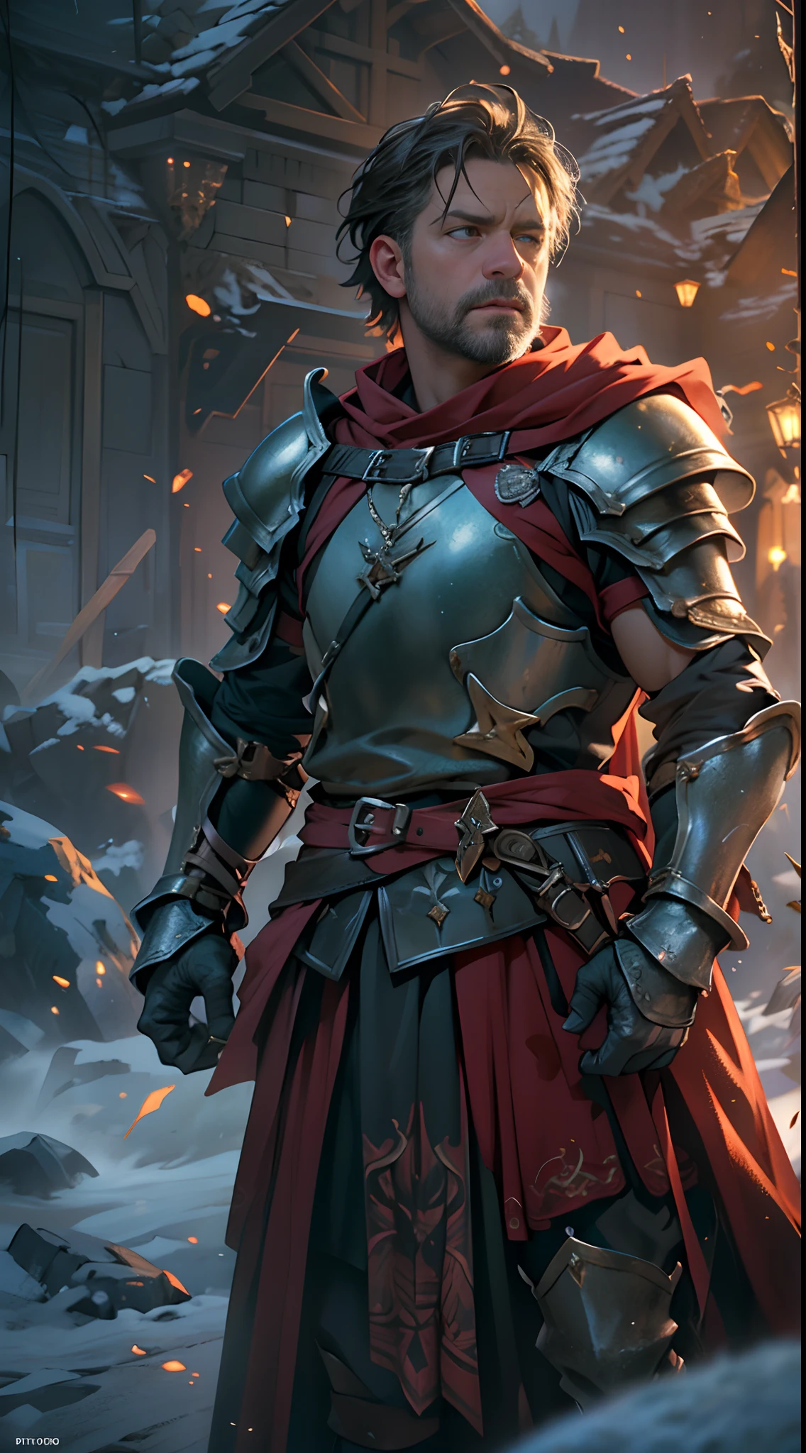 Guild wars，top-quality、softlighting、(depth of fields)、超A high resolution、(Photorealsitic:1.4)、RAW photography、(porate:1.4)，On the battlefield，Russell Crowe（Russell Ella Crowe）played by General Maximus（cinematic ligh：gladiator），（Hairstyles：Short dark brown hair，Small waves），（Wearing：Silver armor，red capelet，（rendering by octane, illusory engine, Highly detailed, iintricate，））, Fight on the battlefield，Scenes of fighting enemies，（Angry，Brave，intense battles，），8K, High definition, Detailed face, Detailed eyes，Hyper-realistic, + cinema shot + Dynamic composition, Incredibly detailed, Sharpen, Details + Superb details + perfectionism + award winning realism ((Moody lighting))，Vintage style，Correct anatomy，（Scenes：Winter cold forest，battlefiled，Flying flames，），((Masterpiece,Best quality)), ((Cinematic light)), Ultra photo realsisim, fearsome, Dark fantasy, epic realistic, Faded, ((com cores neutras)), (hdr:1.5), (pastel colour:1.2), ultra - detailed, (Art Station:1.5), Cinematic,  Light effect, Dramaticlight, (Intricate details:1.1), the complex background, (greg rutkovsky:0.8), (Teal and orange:0.4），Knights、Full body armor、big sword、a shield、Red cape、 Fierce, epic, Cinematic composition,