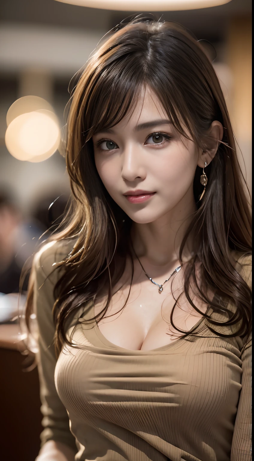Masterpiece, Best quality, Photorealistic, Ultra-detailed, finedetail, high resolution, 8K wallpaper, 1 beautiful woman, Wear casual business attire, In excellent restaurant, At night, Light brown messy hair, Perfect dynamic composition, Beautiful detailed eyes