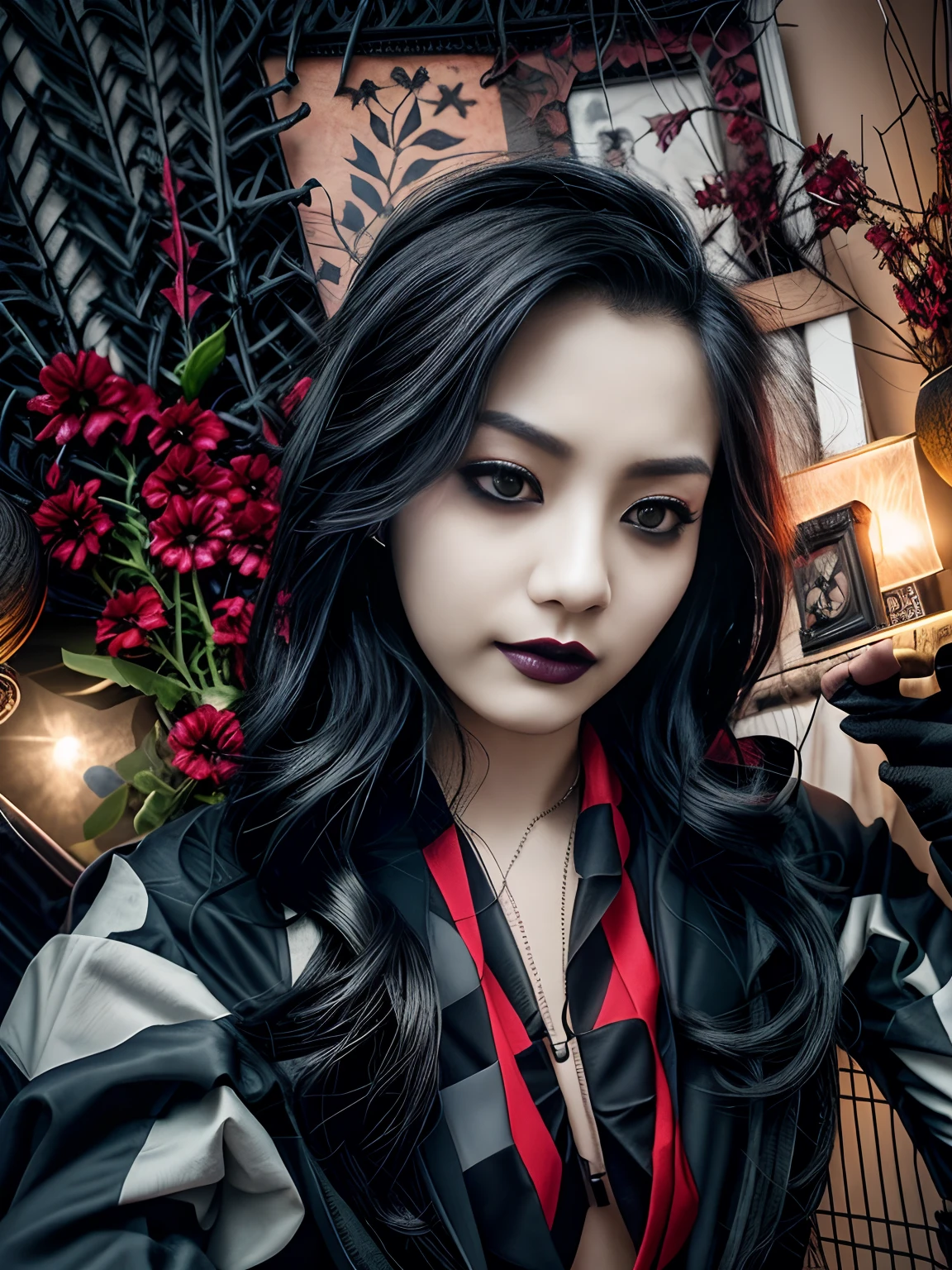 arafed image of a woman with long hair and a choke, cruel korean goth girl, gothic aesthetic, ominous gothic aesthetic, artwork in the style of guweiz, 1 7 - year - old anime goth girl, dark and horror style, dark fantasy style, neo goth, dark art style, goth girl aesthetic, gothic horror vibes, goth aesthetic