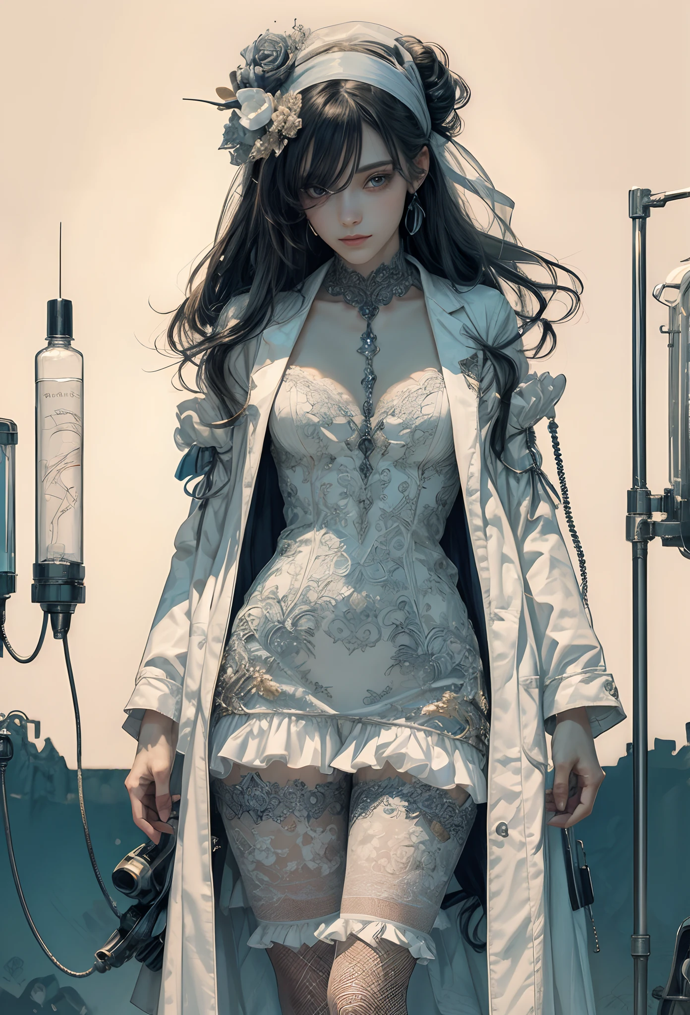 (Detailed illustrations,Very detailed and detailed drawing,Delicate lines with slow and rapid,Realistic texture expression),[Color tressed main line],(Old laboratory[Moon Night]),((Frankenstein's MonsterGIRL) 14years (Stitched skin [seam[Splicing]])[electrode] [SKINNY]) Artificial human,bandaged ((Manteau blanc) [Ren Hao(frilld)bow ribbon])[knee high socks],[Soft ambient light][[Halloween]][Colorful],(Intricate and beautiful decoration [Dense detail]),(Fine and beautiful skin expression [Transparency]),[Perfect eye details (Iris beautifully drawn in every detail)[Jewel-like eyes]],[long and beautiful eyelashes],[Meticulously drawn hair [More on beautiful and shiny hair]],(Perfect hand details [Beautiful fingers without breakdowns [Beautiful nails]]),(Perfect Anatomy (Perfectly proportioned)) [[Full body like]],[Ideal color coordination(Accurate simulation of light-material interactions)],(HighQuality,[Precision Detail] hight resolution,(detaileds,high-detail)),[[Pale and gentle colors]][Visual art that conveys a sense of narrative] [[Eros in the Natural Body]].