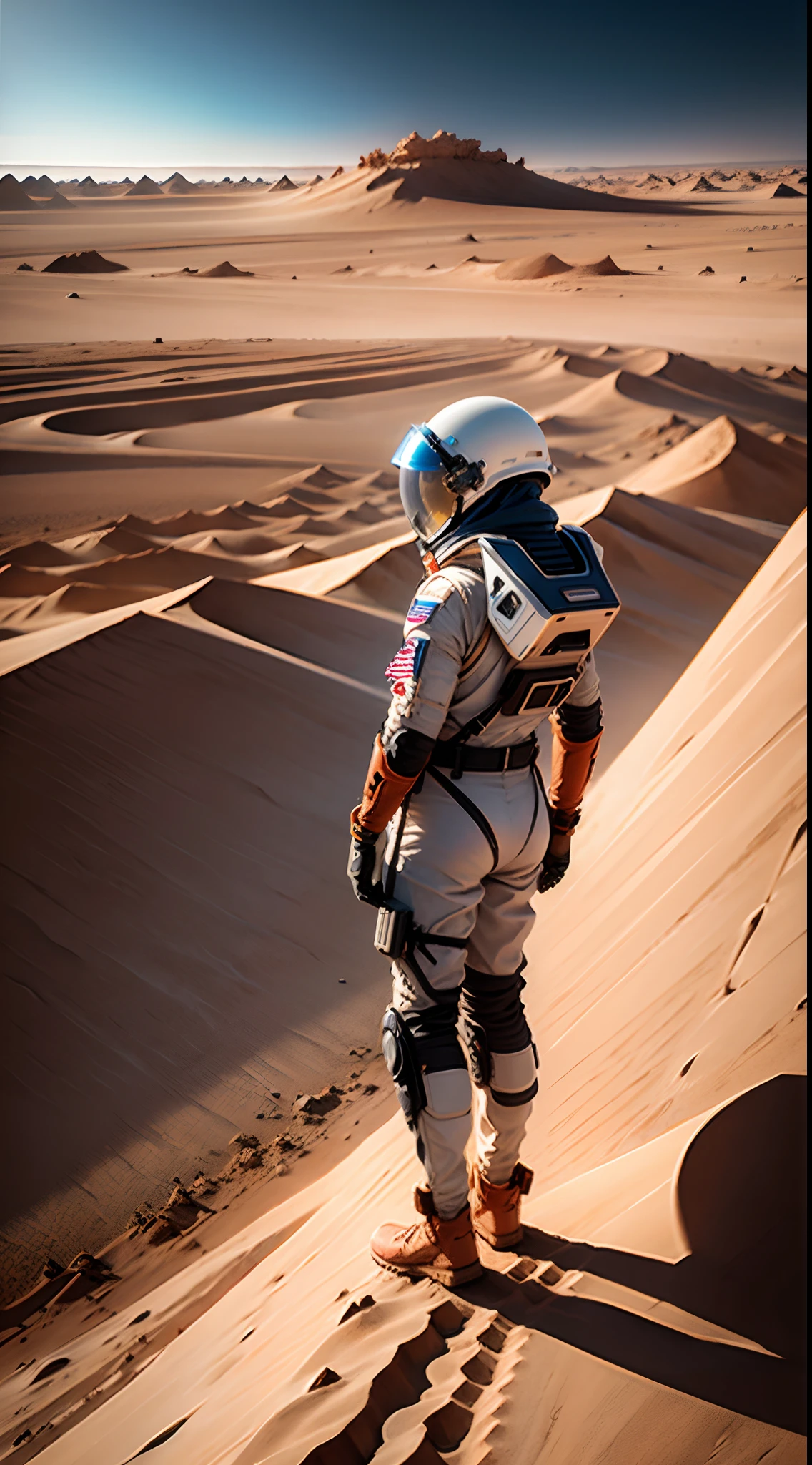 mars astronaut standing on dune looking out over dusty landscape, spaceship on horizon, photorealistic, high resolution