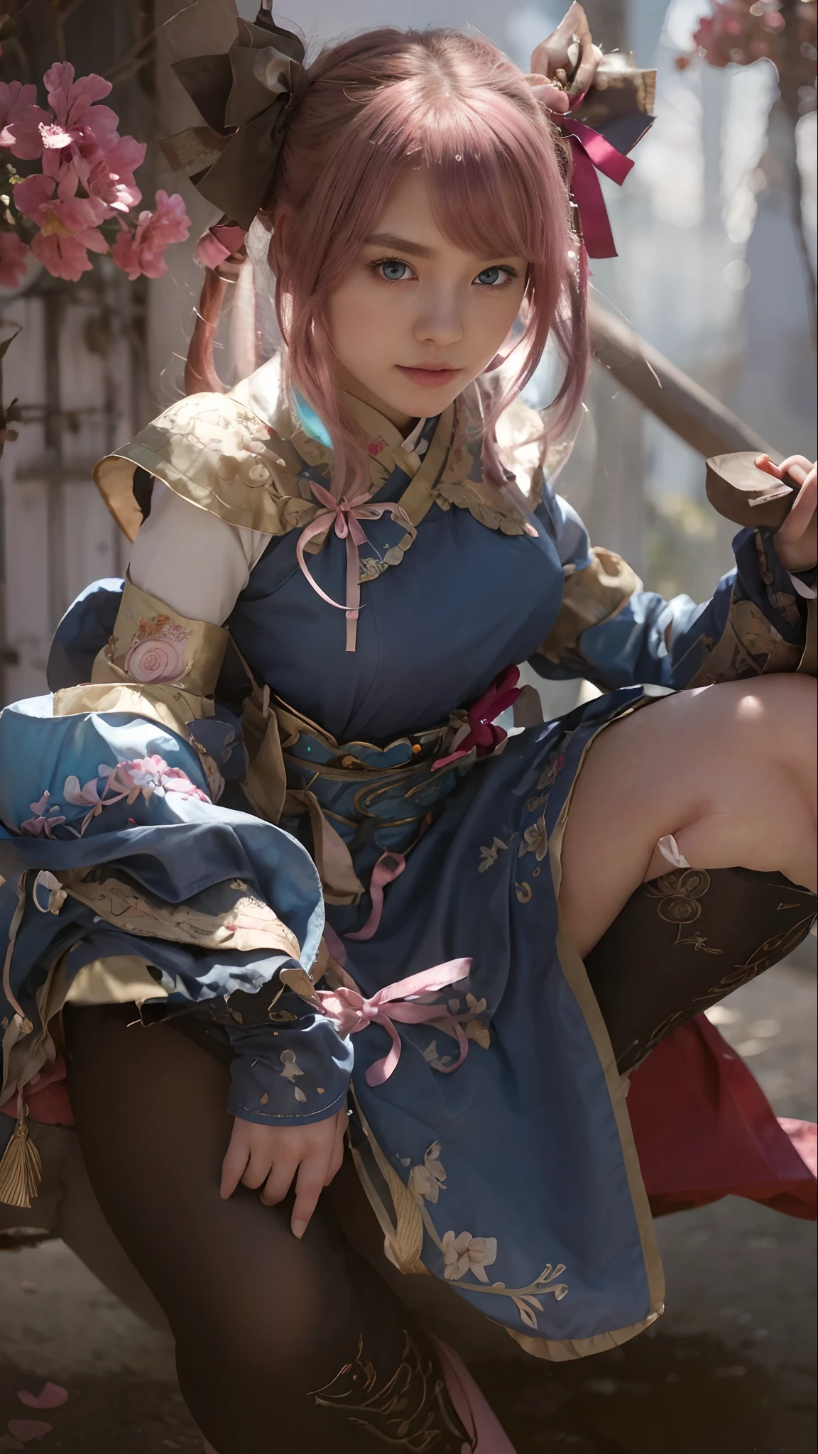 (finely detailed beautiful eyes and detailed face,masterpiece sidelighting,masterpiece,best quality,detailed,high resolution illustration),, (1girl,whole body,bishoujo,lustrous skin,looking down,looking at viewer),, (pink hair,blue eyes,ribbon,hanbok, korean clothes), (clothed_underbust:1.2),underboob,