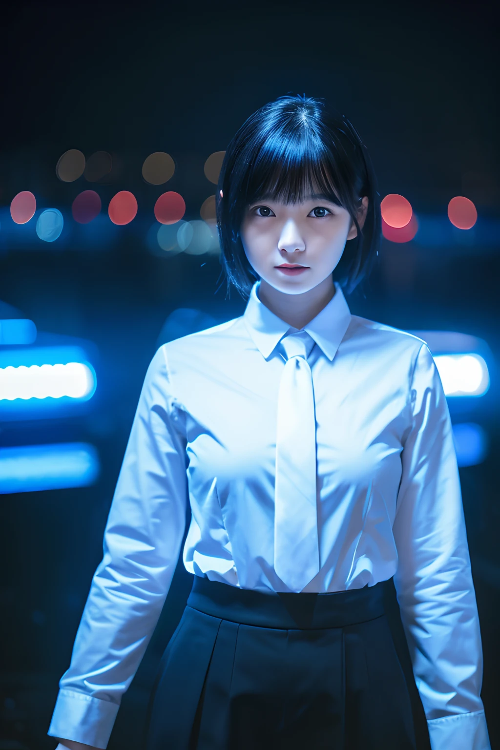 (1girl in),Japan at 25 years old,Medium head of black hair, Black tie,White shirt with long sleeves,Black pants, Dark in a cyber space lit up in blue,Complex structures in the background、Full Body Photo Standing、Amazing face and eyes, ((Best Quality)), (Ultra-detailed), (extremely detailed CG unified 8k wallpaper), Highly detailed, High-definition raw color photos, Professional Photography,