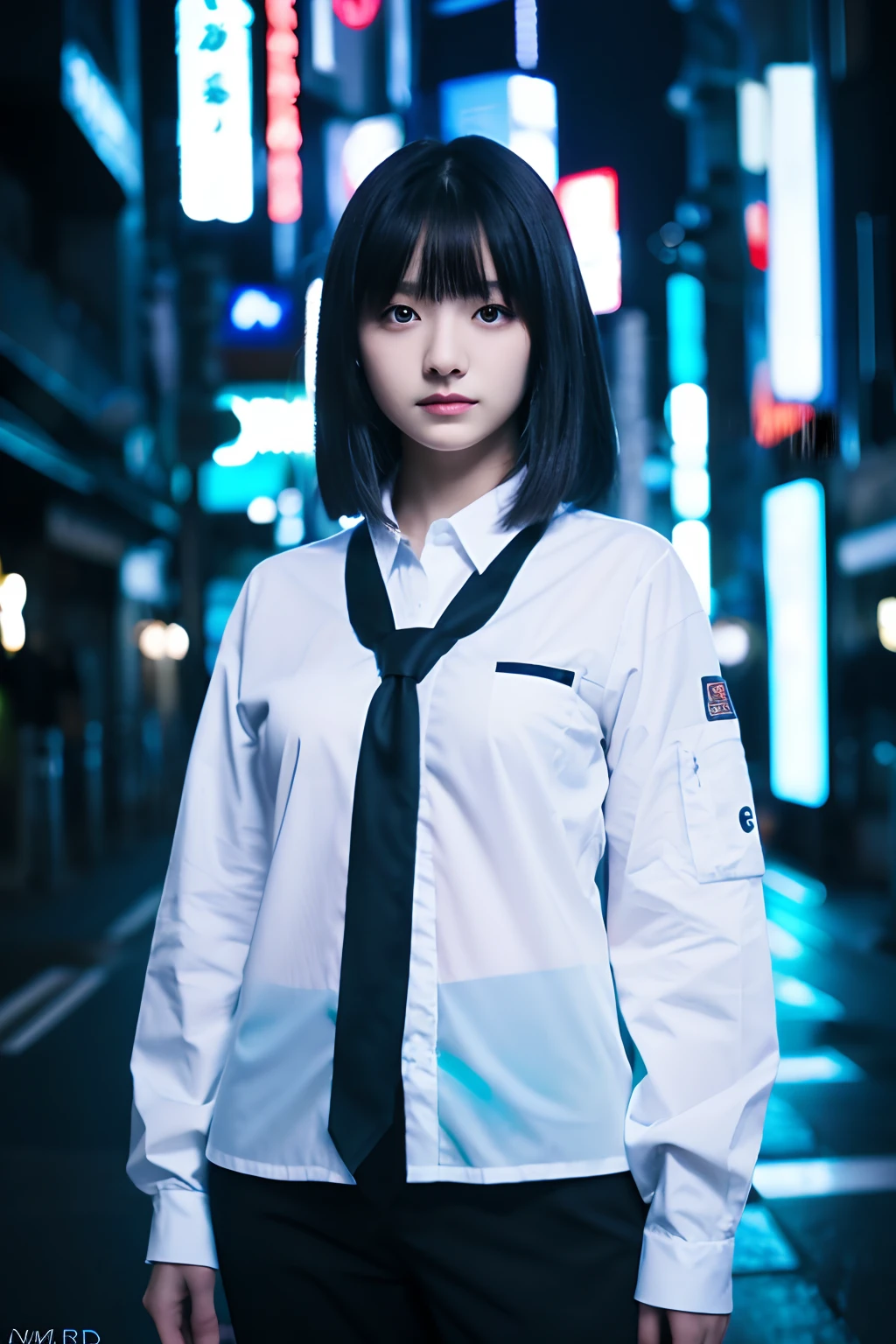 (1girl in),Japan at 25 years old,Medium head of black hair, Black tie,White shirt with long sleeves,Black pants, Dark in a cyber space lit up in blue,Complex structures in the background、Full Body Photo Standing、Amazing face and eyes, ((Best Quality)), (Ultra-detailed), (extremely detailed CG unified 8k wallpaper), Highly detailed, High-definition raw color photos, Professional Photography,