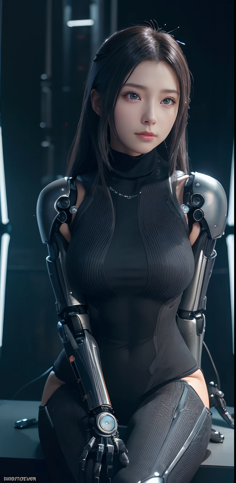 delicate face, 20-year-old kpop idol cyborg girl, carbon fiber cyborg body, carbon fiber body, (big breasts:1.15), metal structural skeleton, (mechanical joint), bangs, attractive curves, mid pelvis, seaside, standing posture, beach, glowing skin, (puffyareolas), (high leg, spread legs, camel toe, cameltoe, vulvashaped:1.2), (cyberpunk, sci-fi:1.1), [[[glowing neon]]], (upper body:1.15),  (8k, RAW photo, best quality, masterpiece: 1.45), (nsfw:1.05)