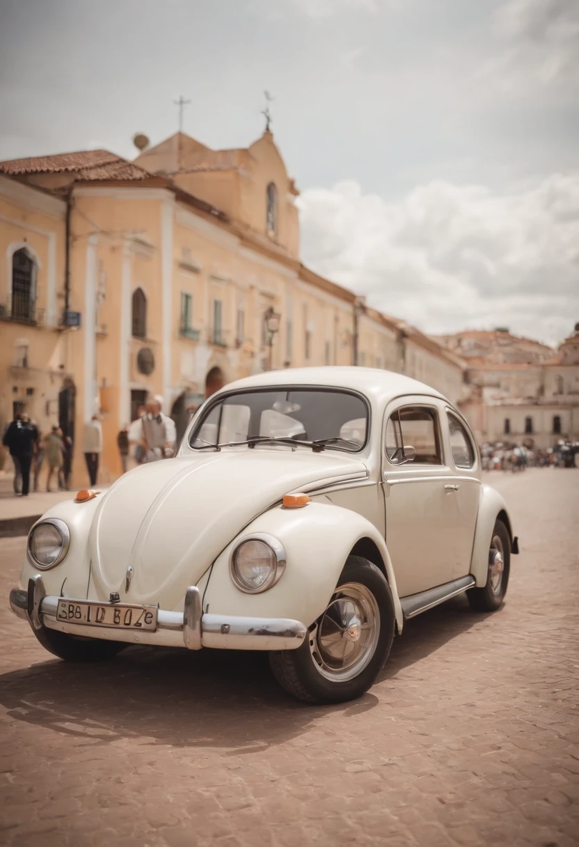 um fusca bege esportivo na cidade.