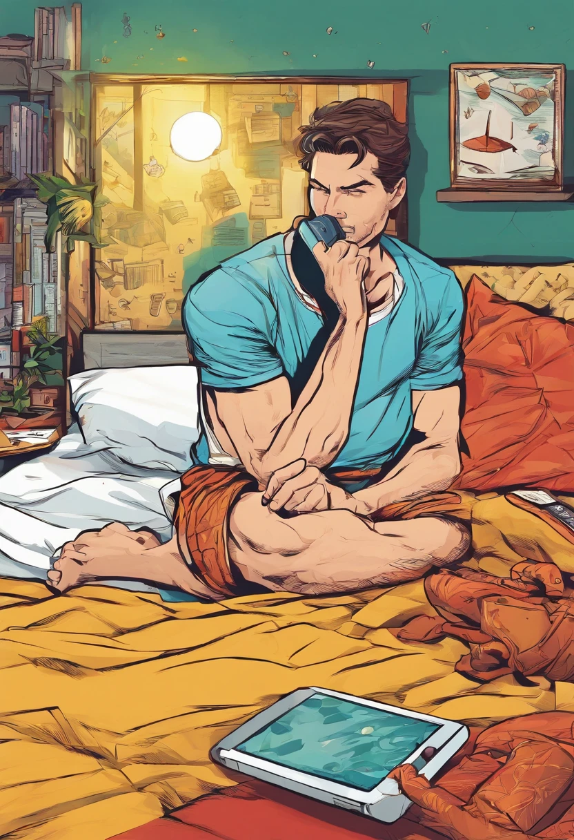 Homem deitado em sua cama com fone de ouvido, estilo quadrinho.