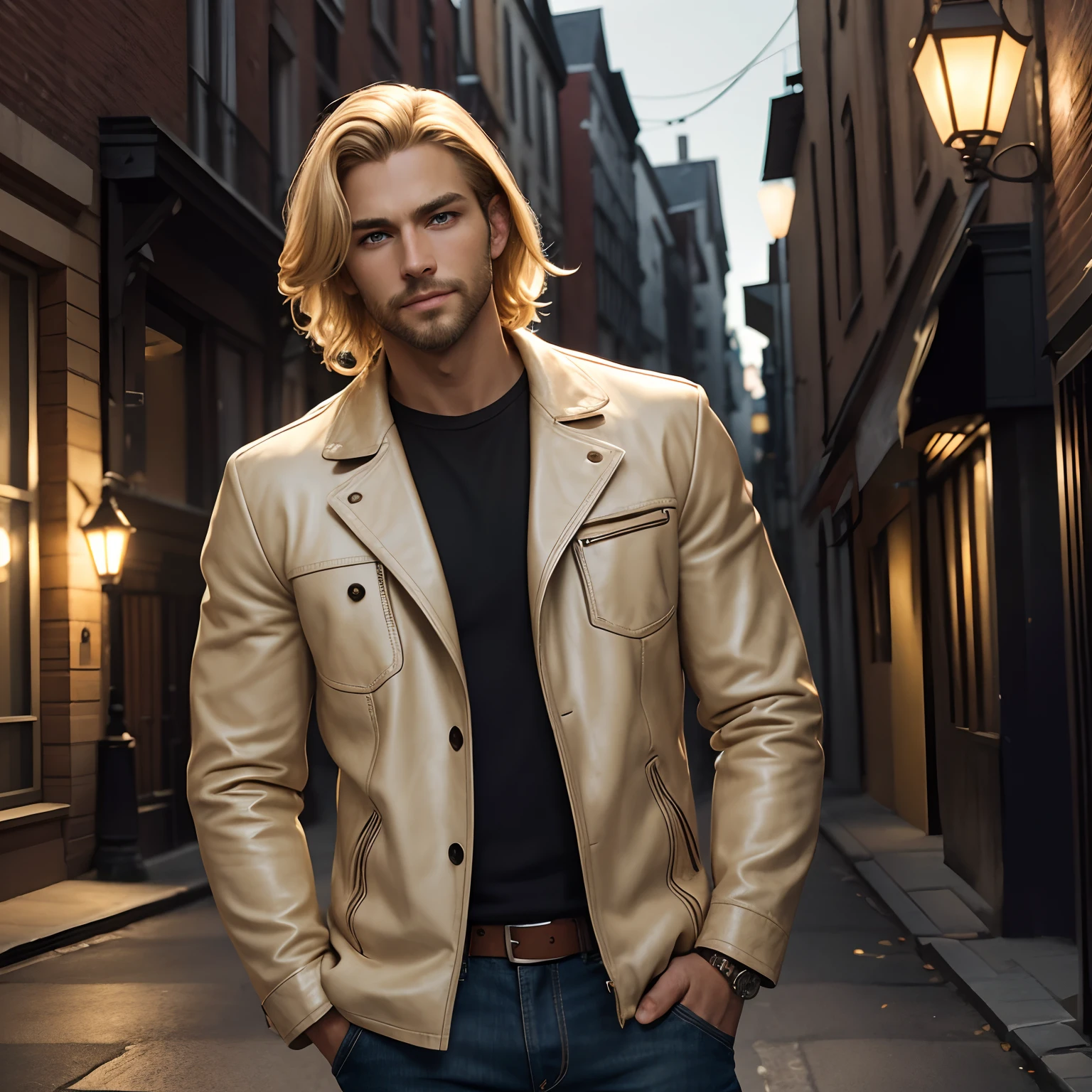 1. blonde man, six feet tall (1.1), shoulder-length blonde hair, scruffy beard
2. white dress shirt, brown leather jacket on top
3. jeans
4. black shoes
5. realistic lighting, vibrant colors
6. portrait style (1.1)
7. medium: oil painting
8. detailed facial features: beautiful blue eyes, defined cheekbones, expressive eyebrows
9. confident smile with slightly parted lips
10. well-groomed hairstyle with tousled waves
11. casual and relaxed pose, leaning against a wall
12. urban background with buildings and street lamps
13. high-res details: individual strands of hair, fine wrinkles on the face, texture on clothing
14. strong chiaroscuro lighting, creating dramatic contrast between light and shadow
15. warm color tone, emphasizing the golden hues of the man's hair
16. slight bokeh effect in the background to add depth and focus on the main subject.