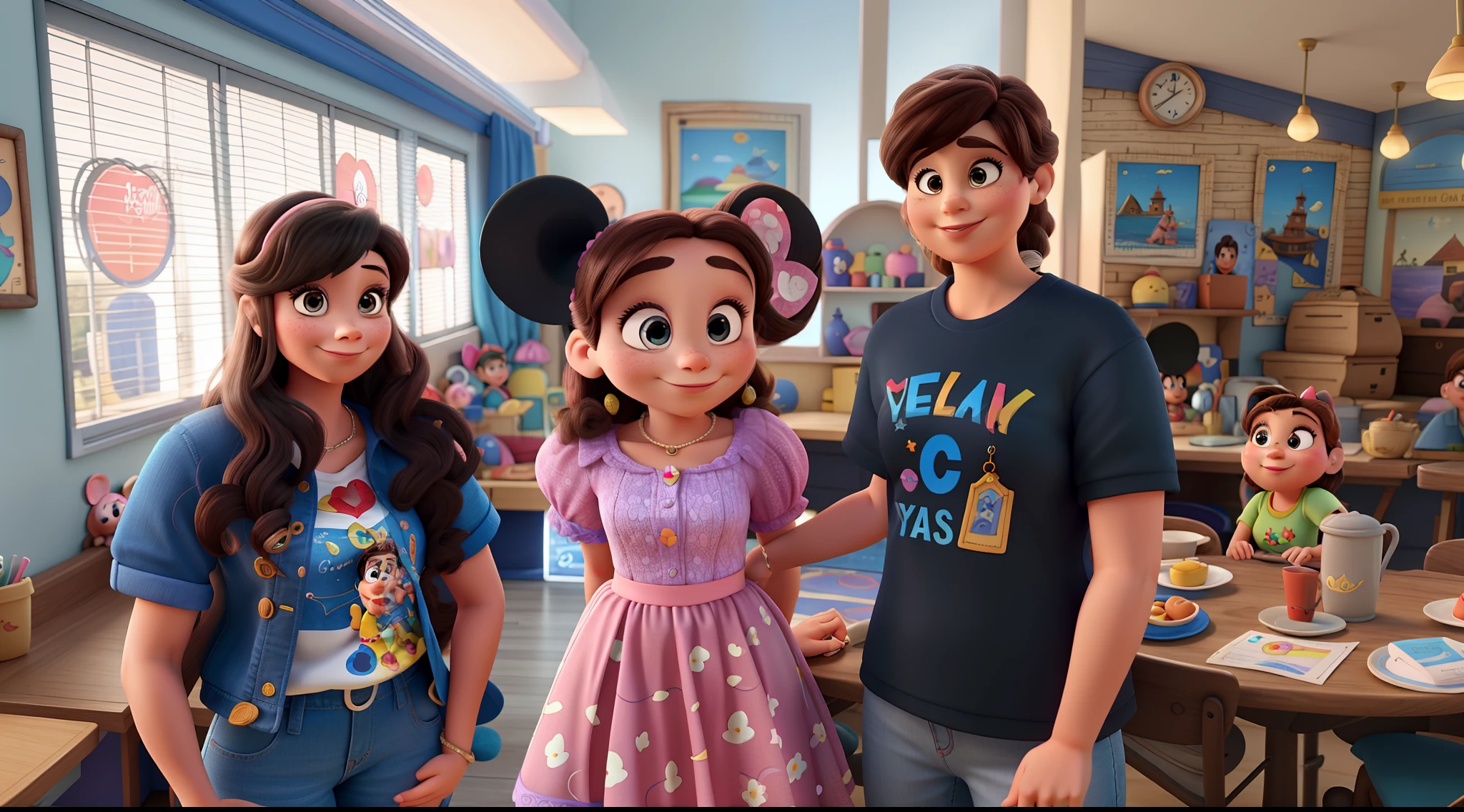 Uma mulher de 40 anos com a Minnie e um jovem estilos Disney Pixar, alta qualidade, melhor qualidade