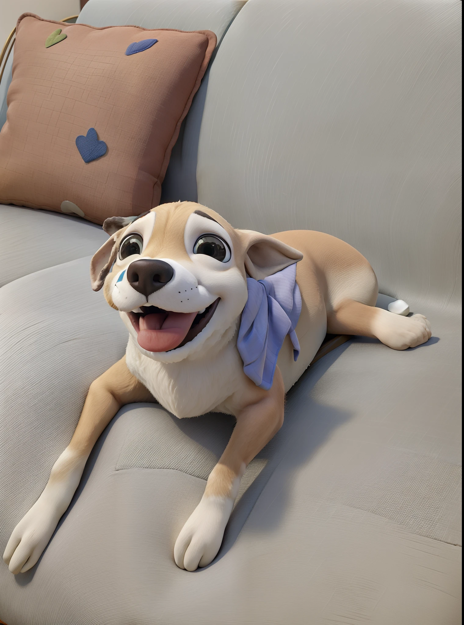 Obra-prima, de melhor qualidade, Happy on sofa at home, olhando pro dono, agradecendo.
