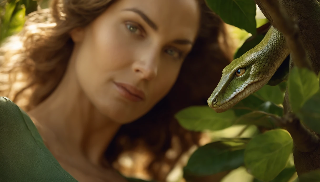 fotografia,Detailed depiction of Eva very beautiful, vista de longe, in the garden of eden,Holding an apple,Eve looks directly into the eye of the serpent in the tree, serpente grande, Very close to Eva's face,fotorrealista,Landscape,natural lighting,tons quentes,atmosfera serena,rosto expressivo,Historical interpretation,pinceladas sutis,cores vibrantes,historical accuracy,natureza deslumbrante,, sun rays between the trees,lindo jardim exuberante, hiperrealista.