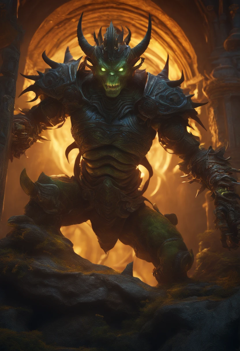 (goblin warrior), (glowing eyes), (biomechanical), (bizarre), (creepy), (nightmarish), (very vibrant colors), (light particles), (luminous), (M.C. Escher), (wallpaper art), (UHD wallpaper), (best quality, 4k, 8k, highres, masterpiece:1.2), ultra-detailed, (realistic, photorealistic, photo-realistic:1.37), HDR, UHD, studio lighting, ultra-fine painting, sharp focus, physically-based rendering, extreme detail description, professional, vivid colors, bokeh, portraits, landscape, horror, anime, sci-fi, photography, concept artists, colorful palette, surreal lighting, twisted patterns, twisted creatures, organic machinery, intricate details, intense contrast, dream-like atmosphere, otherworldly appearance, hauntingly beautiful, illusionary elements, mind-bending composition, mesmerizing complexity, fantasy realm, distorted reality, mysterious symbolism, optical illusions, eerie and psychedelic vibes