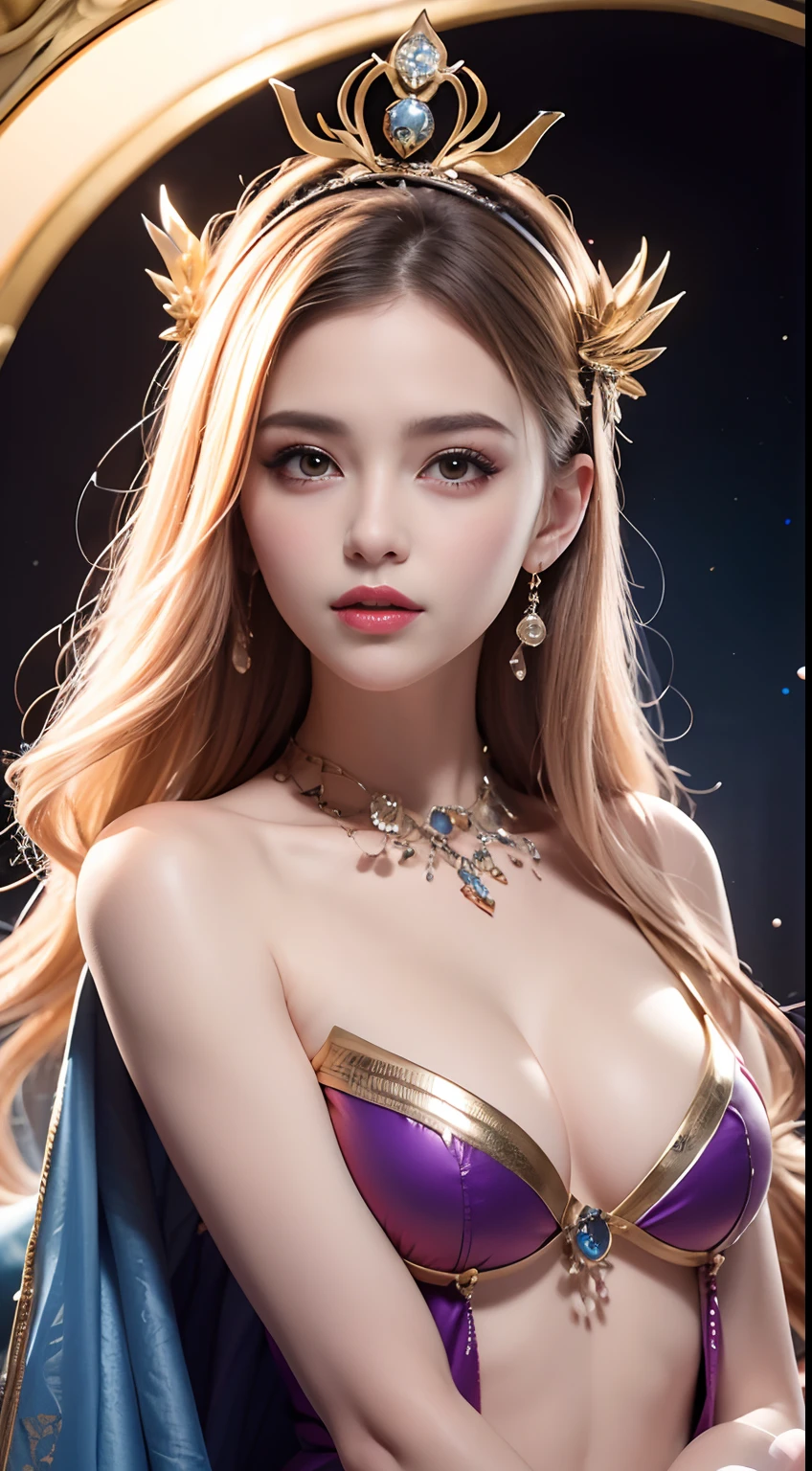 1 20 year old girl, 1 Goddess Athena, Pink and purple silk dress, The beautiful goddess Athena had no blemishes on her face, Delicate yellow dressing gown, Slim dressing gown,Paired with lots of sexy black lace details, Legend of the Saints, Goddess icon, Beautiful goddess style sparkling elegance, Dark and mysterious version, small, Well-proportioned crown, Red lips, No details, Very thin, Thin lips and beautiful lip details, Light magic, (Pure and perfect face: 1.9), Eucharist, Ultra-tight and rounded breasts, Phoenix brooch, Long bangs, (7 Rainbow hair: 1.9), Clear and beautiful face and well-proportioned eyes, (transparent yellow eyes: 1.8), (Big round eyes and detailed makeup, Very beautiful and discreet makeup, Very beautiful blonde, Light makeup, Long blonde hair, Makeup 1.8): drooping arms, realistic and vivid image, (Stars make up the sky: 1.7 ), (Heavenly skies and imaginary portals to time and space: 1.8), Fictional art, RAW photos, hanfu photos, best photos, high resolution, Best quality, best photos, Surreal portrait, Surreal photos of women, 8K quality, The best portraits of female saints, Single ladies jewelry, Color masterpiece beautiful, Upper body, Brand Tyndall effect, Realphotos, Dark Studio, Bezel light, Two-tone lighting, (Rose white skin: 1.4), (High skin detail: 1.1), 8K UHD, Digital SLR, high resolution, Soft light, High quality, High quality H, Smooth and sharp, 10x imaging, Sexy goddess, Sexy goddess: 1.8), (Beautiful eyeshadow background: 1.8), (Spacey's Eye, Background light: 1.8), (Space eyes, Soft background: 1.8), (Space eyes are best, Perfect eyes, Single Girl 1, Virgin and beautiful flowers,