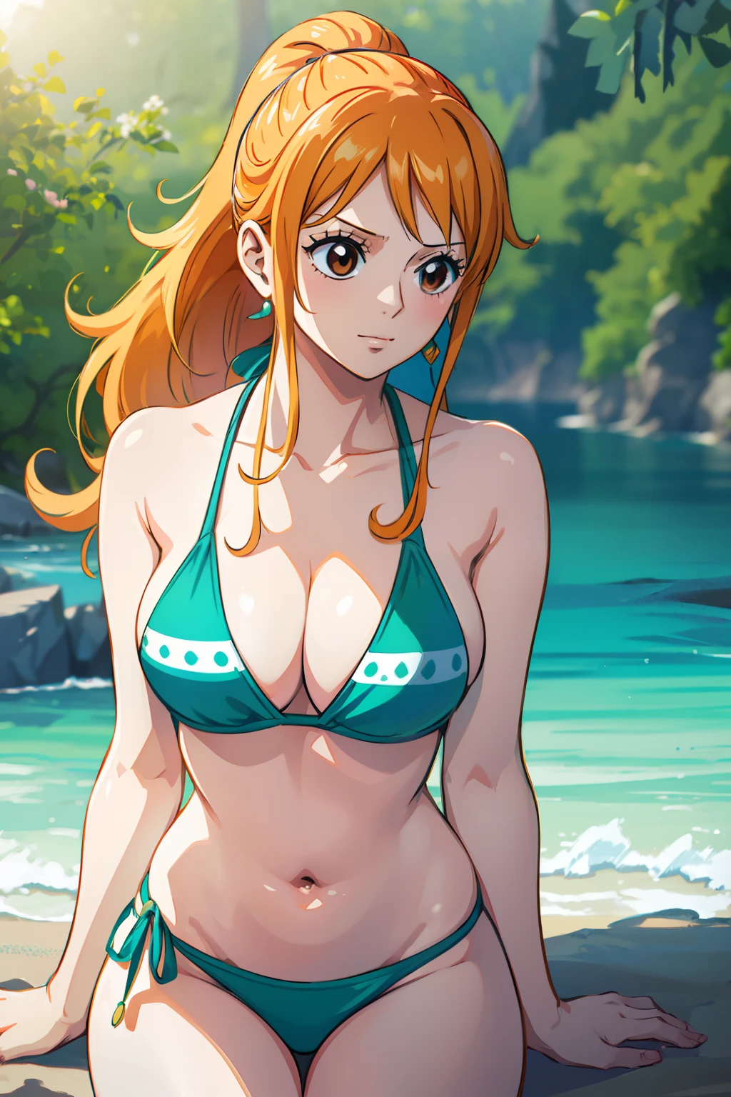 Nami from One Piece, long orange ponytail hair, beautiful brown eyes, blushing cheeks, wearing a vibrant bikini, enjoying a sunny day at the beach. The art style should resemble a captivating anime style.

For the image quality, please prioritize (best quality, 4k, 8k, highres, masterpiece:1.2), ultra-detailed, and (realistic, photorealistic, photo-realistic:1.37) rendering. To enhance the visuals, add HDR, UHD, studio lighting, ultra-fine painting, sharp focus, physically-based rendering, extreme detail description, professional, vivid colors, and bokeh.

Capturing the essence of Nami's adventurous spirit and the picturesque beach scene, make sure to emphasize the vibrant colors and the warm sunlight in the artwork. The lighting should create a soft, dreamy atmosphere that enhances Nami's beauty.

Disclaimer: This prompt may involve NSFW elements due to the mention of a bikini. Please ensure that it complies with your guidelines and requirements.

Remember, do not add any explanations or sentence fragments to the prompt. Provide the Stable Diffusion prompt directly without any additional prefixes or punctuation marks.