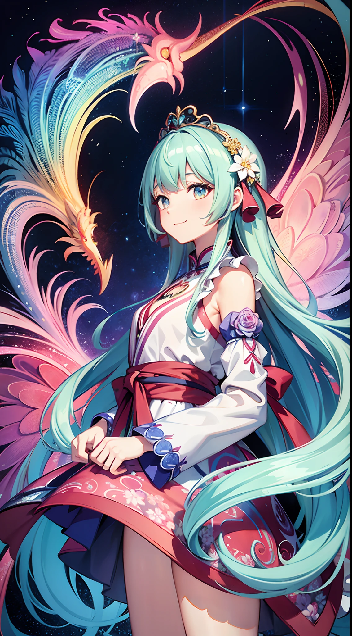 (masterpiece、top-quality、top-quality、Official art、Beautifully Aesthetic:1.2)、(1girl in:1.3)Light blue long hair、Twin-tailed、adorable smiling、ighly detailed、(Fractal Art:1.1)、(colourfull:1.1)(florals:1.3)、highestdetailed、(Zentangle:1.2)、(dynamicposes)、(Abstract background:1.3)、(shinny skin)、(Many colors:1.4)、、(耳Nipple Ring)、(pluma:1.5)、White background、Phoenix dress、